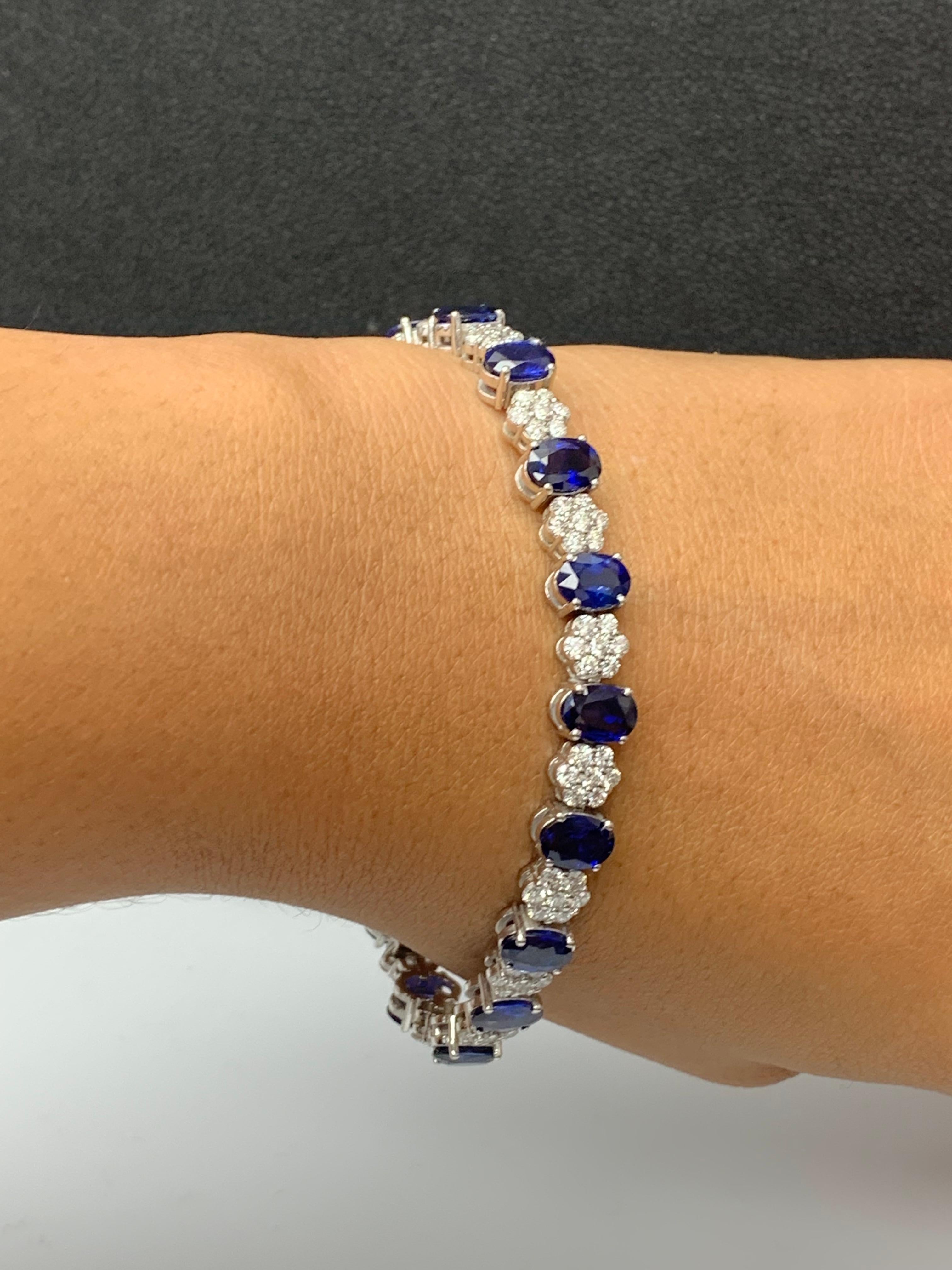 15.26 Carat Oval Cut Blue Sapphire and Diamond Tennis Bracelet in 14K White Gold For Sale 5