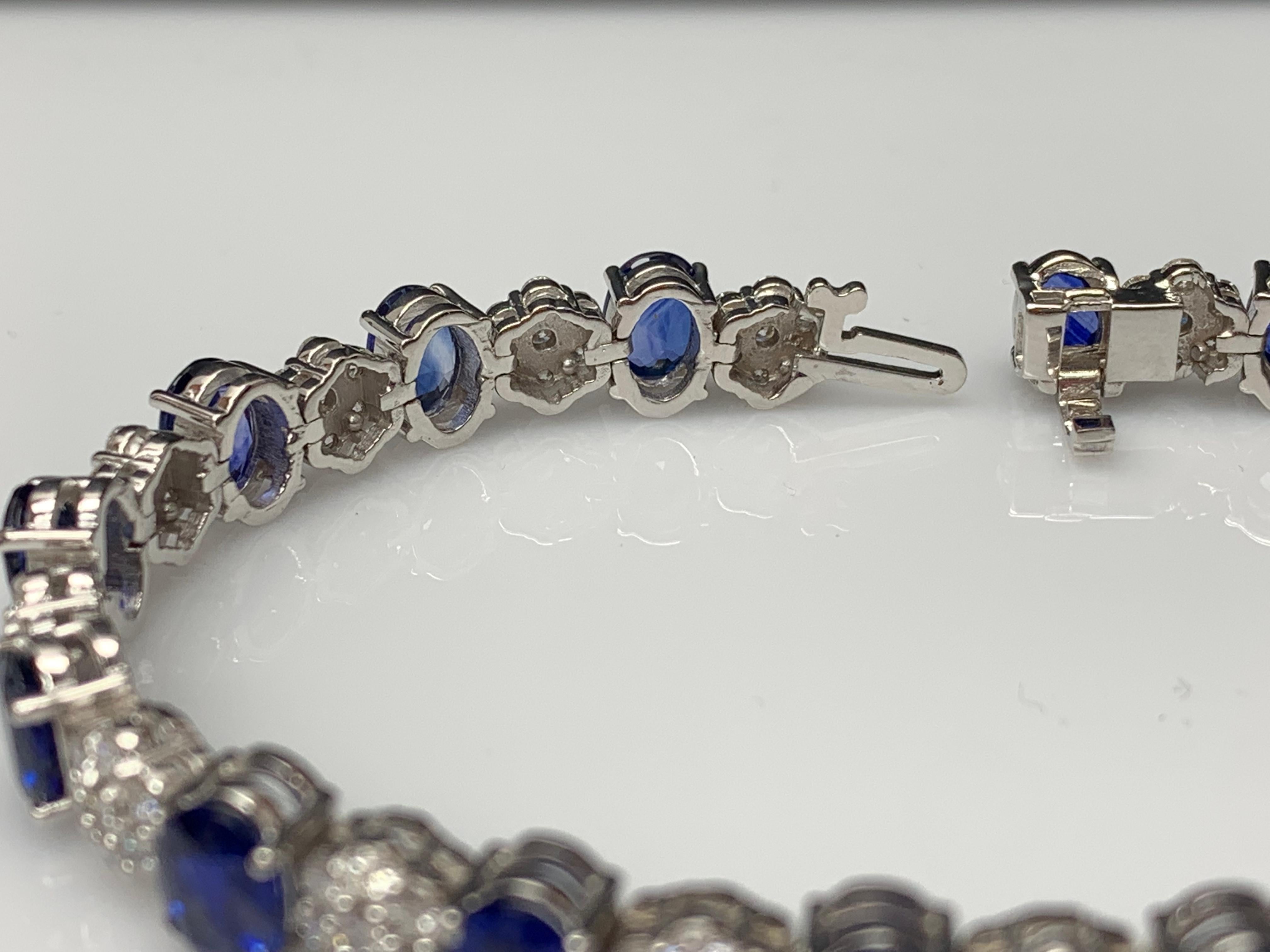 15.26 Carat Oval Cut Blue Sapphire and Diamond Tennis Bracelet in 14K White Gold For Sale 6