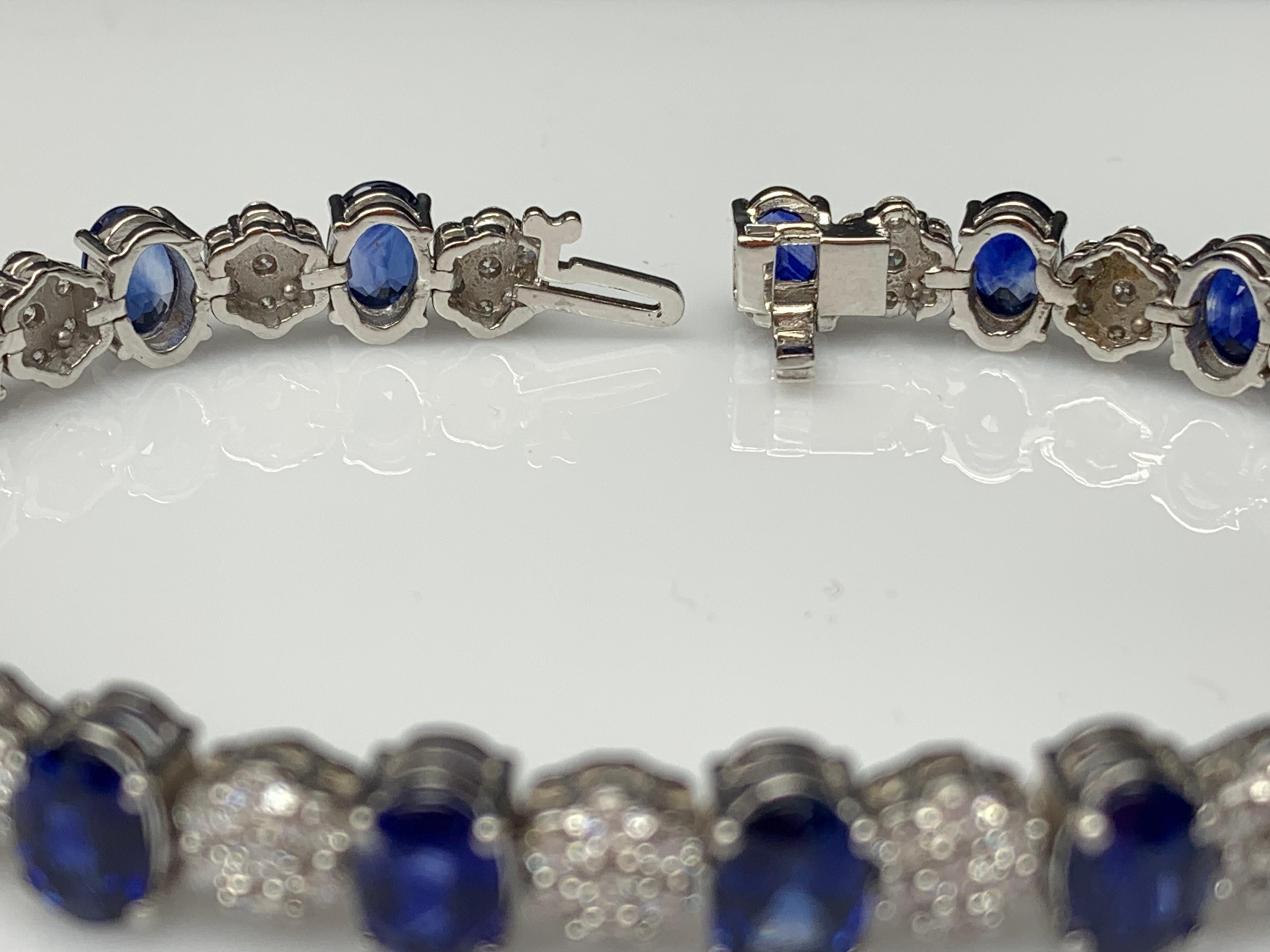 15.26 Carat Oval Cut Blue Sapphire and Diamond Tennis Bracelet in 14K White Gold For Sale 7