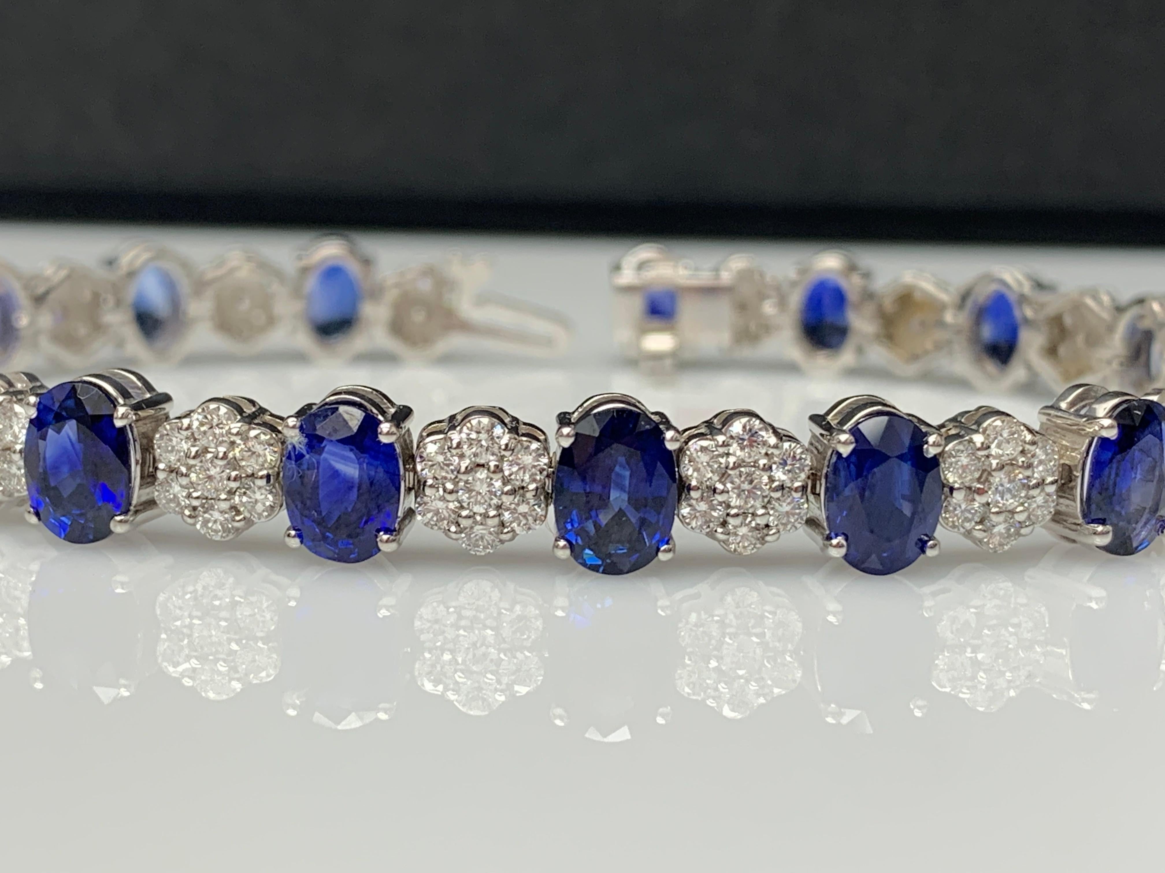 15.26 Carat Oval Cut Blue Sapphire and Diamond Tennis Bracelet in 14K White Gold For Sale 8