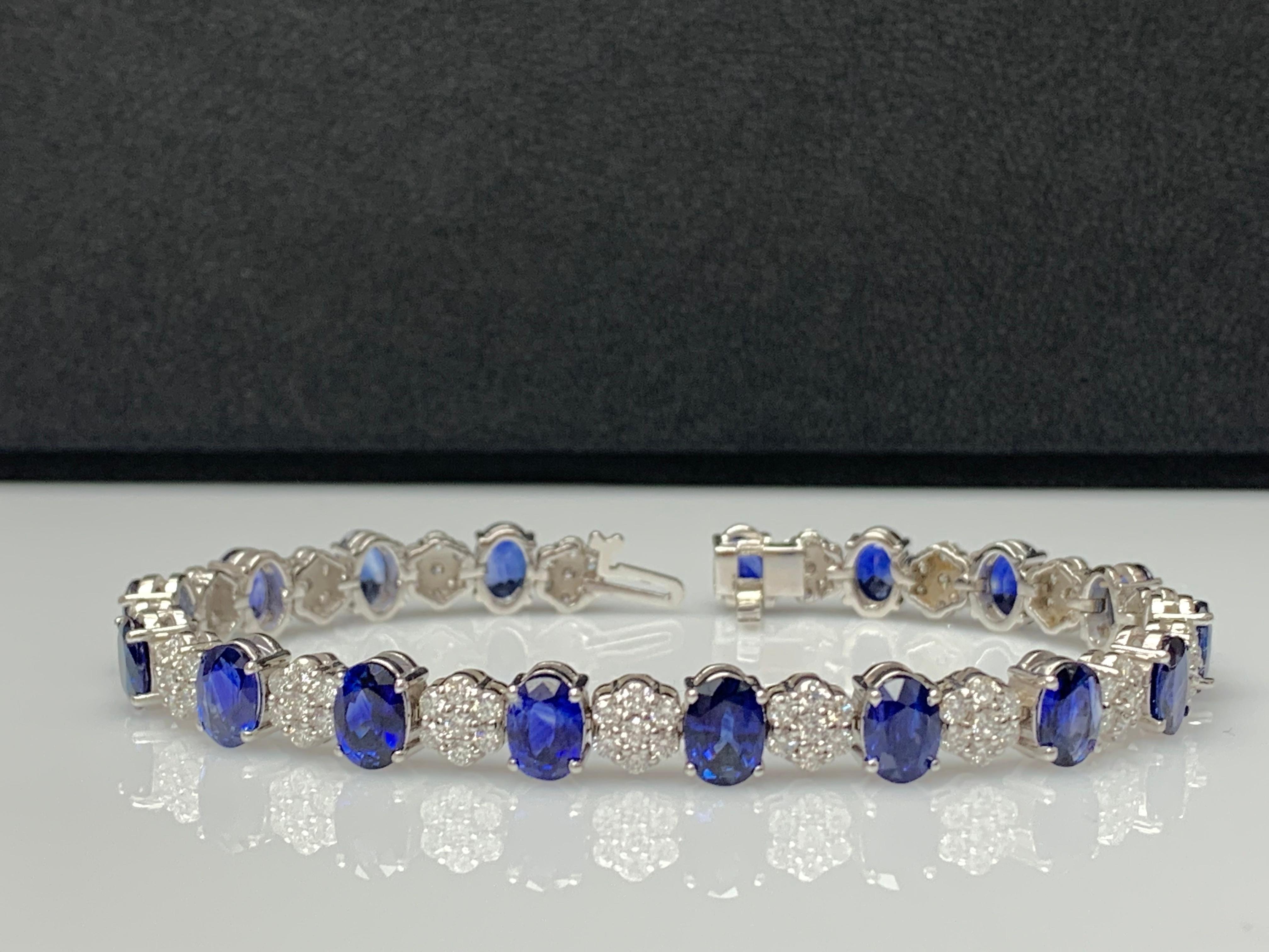 15.26 Carat Oval Cut Blue Sapphire and Diamond Tennis Bracelet in 14K White Gold For Sale 9