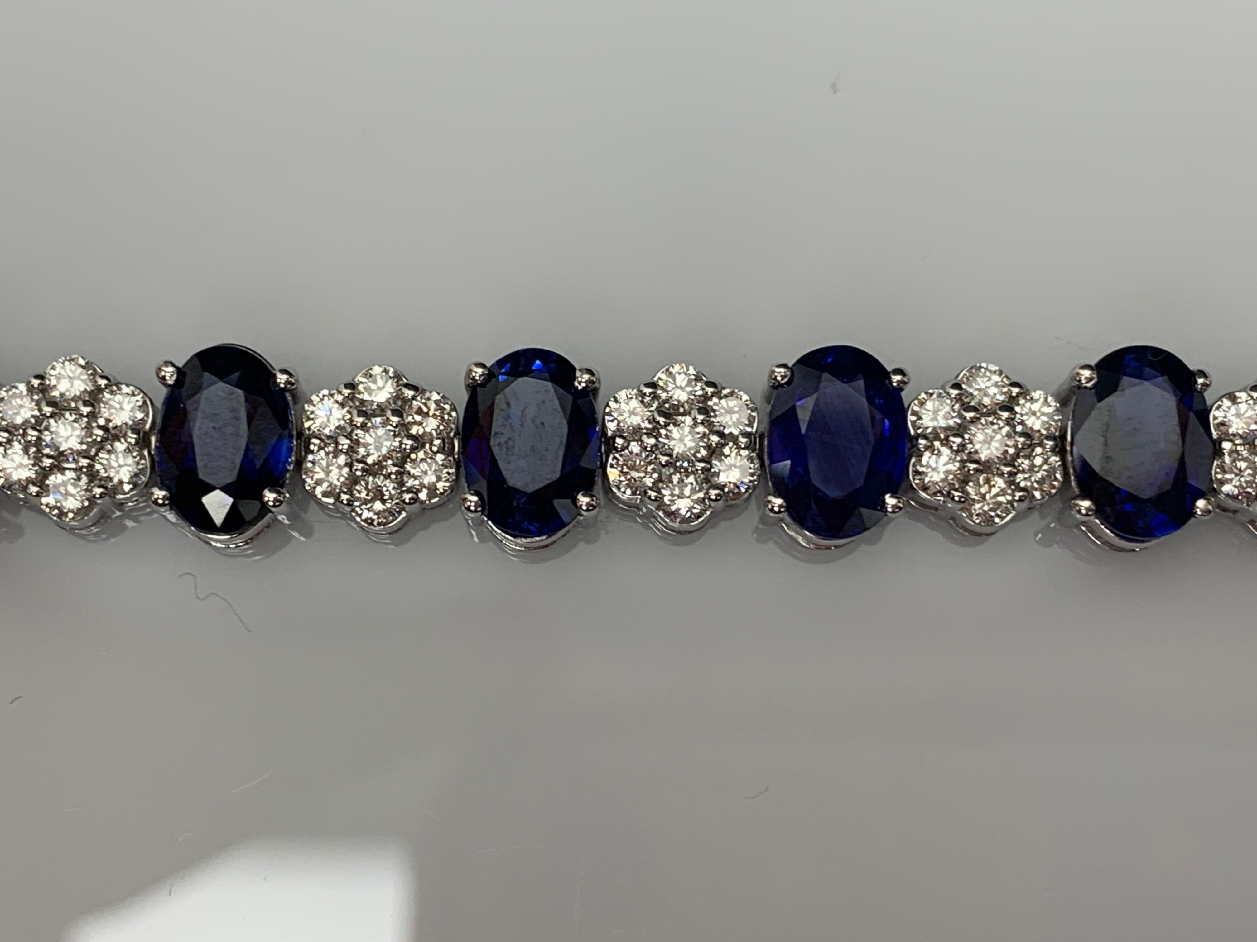 15.26 Carat Oval Cut Blue Sapphire and Diamond Tennis Bracelet in 14K White Gold For Sale 11