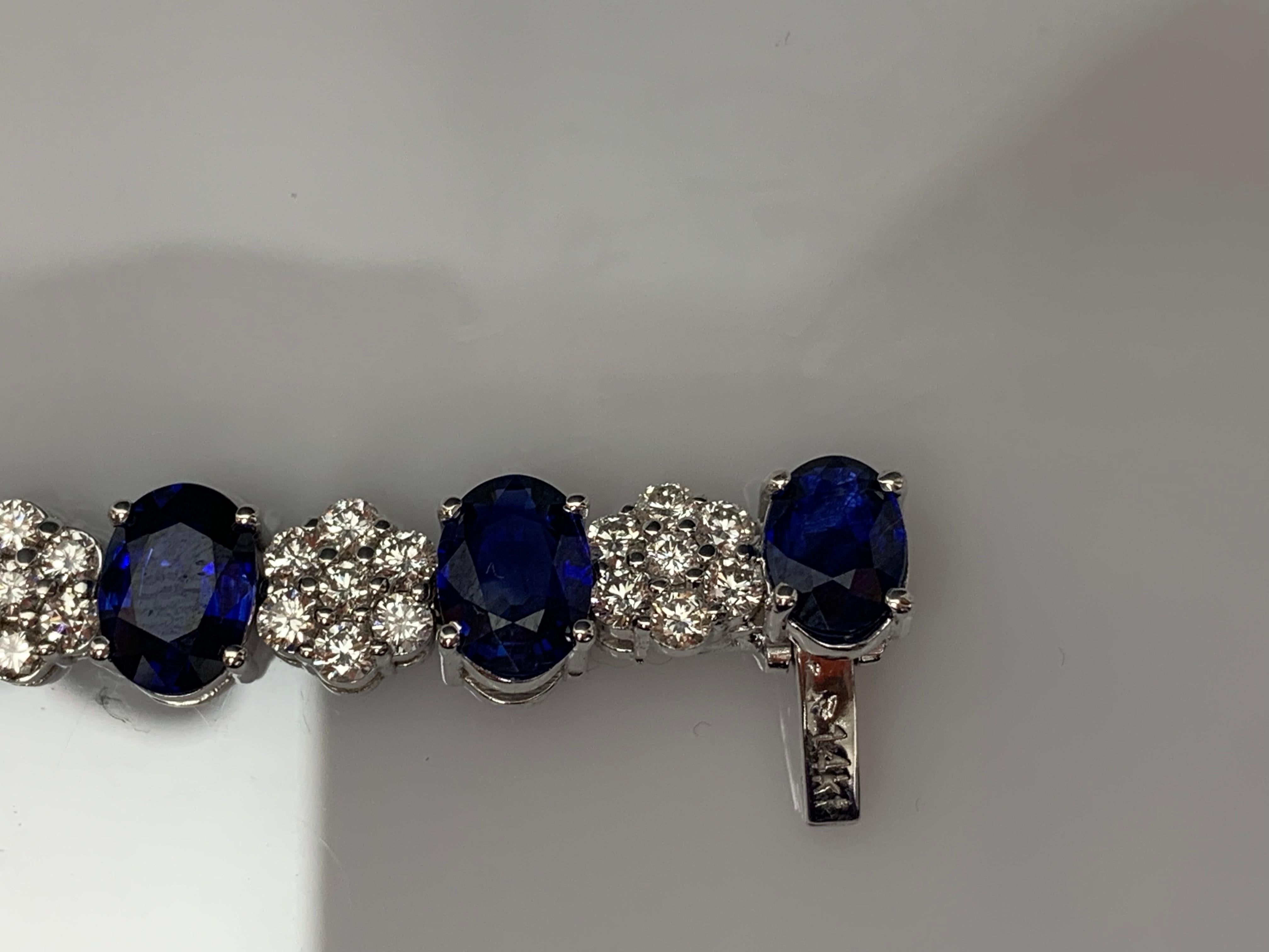 15.26 Carat Oval Cut Blue Sapphire and Diamond Tennis Bracelet in 14K White Gold For Sale 12