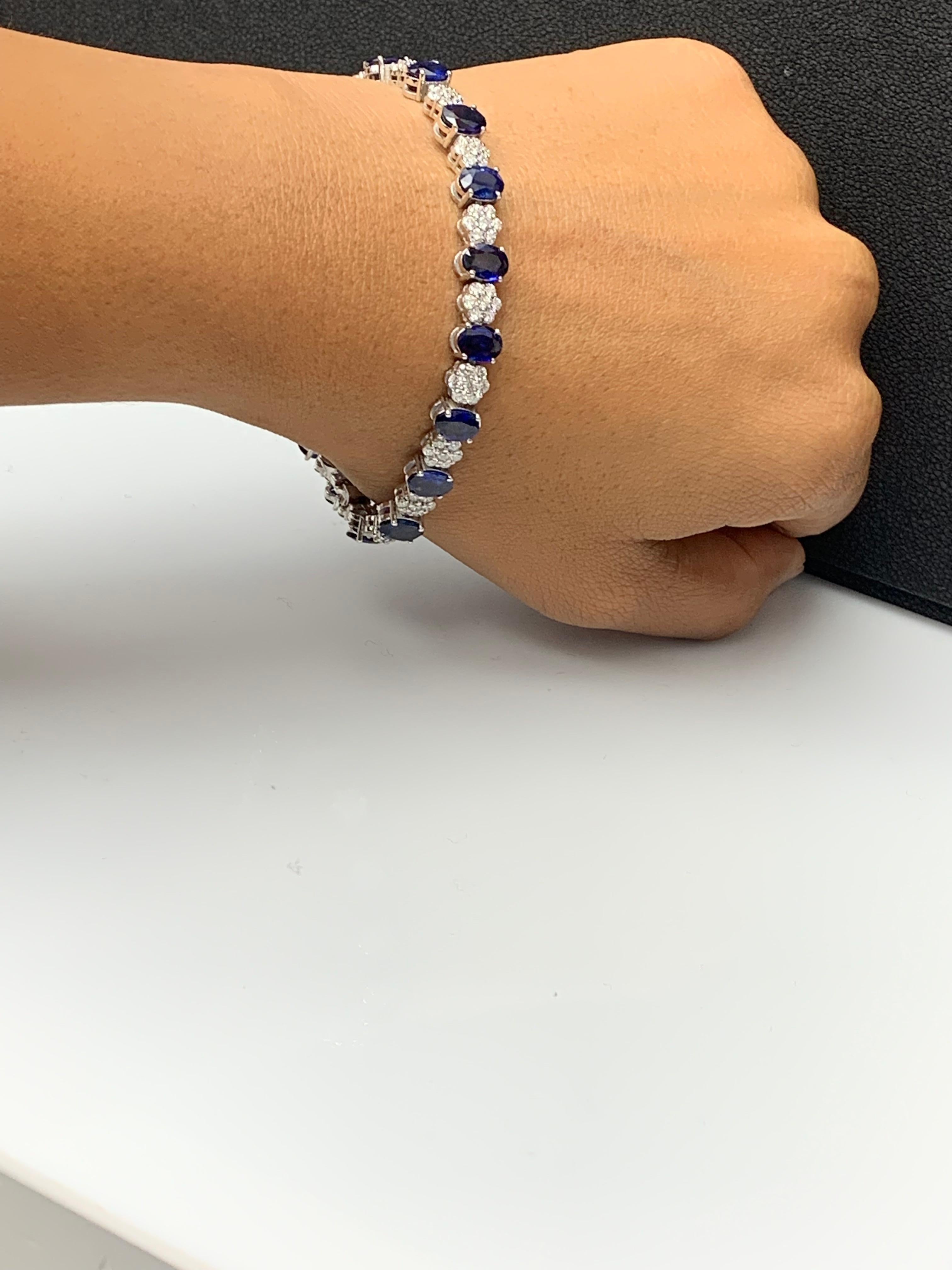 Modern 15.26 Carat Oval Cut Blue Sapphire and Diamond Tennis Bracelet in 14K White Gold For Sale