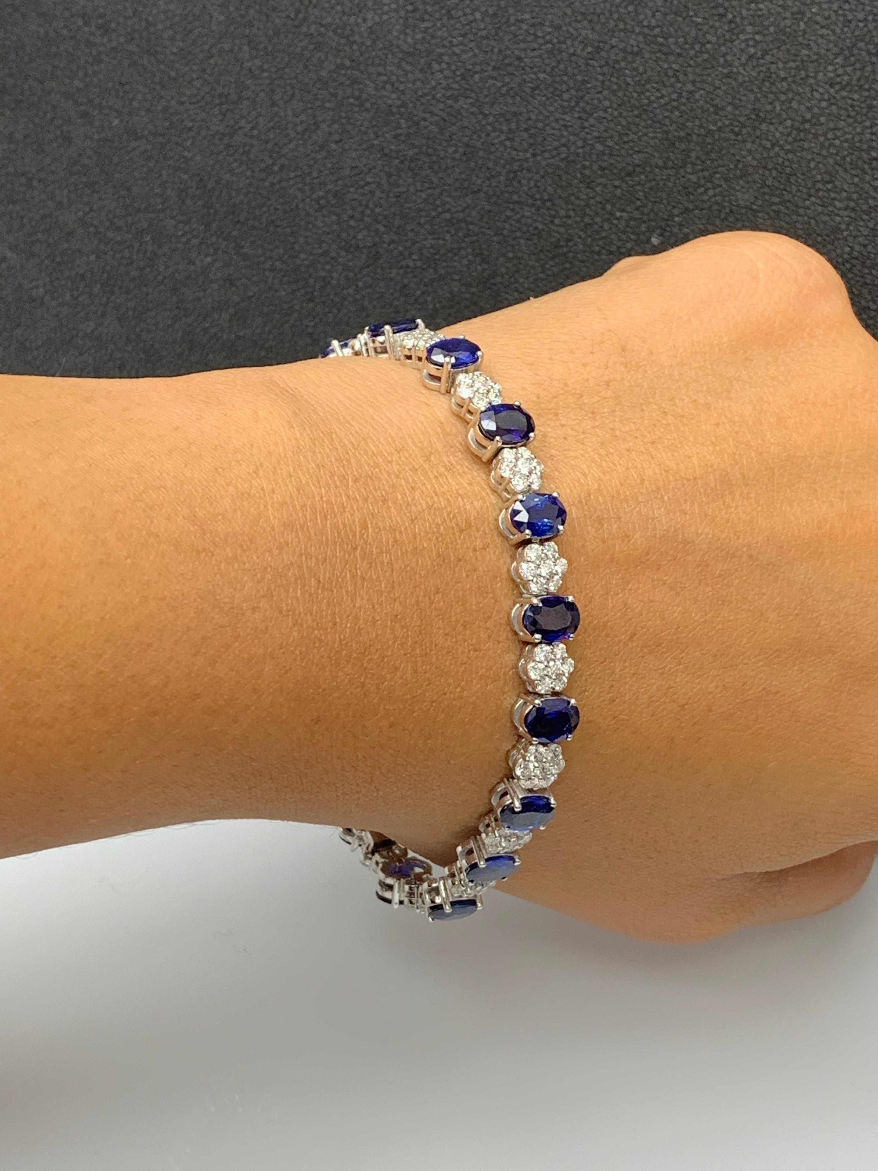 15.26 Carat Oval Cut Blue Sapphire and Diamond Tennis Bracelet in 14K White Gold In New Condition For Sale In NEW YORK, NY