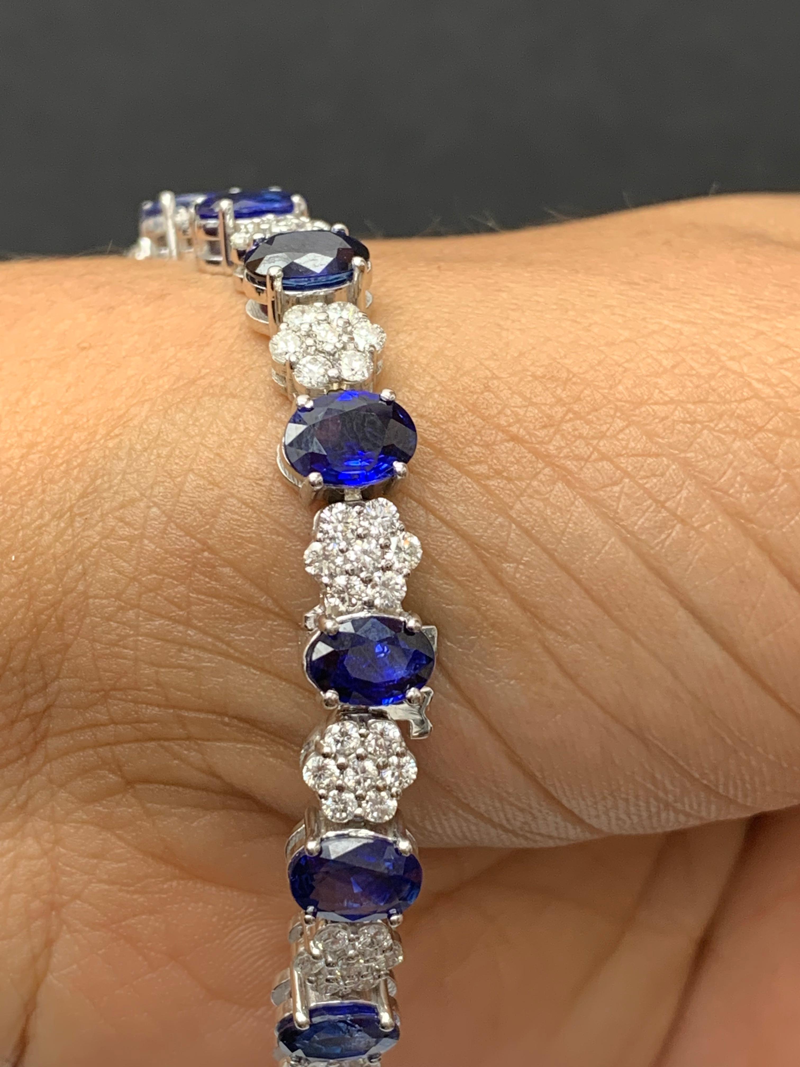 15.26 Carat Oval Cut Blue Sapphire and Diamond Tennis Bracelet in 14K White Gold For Sale 1