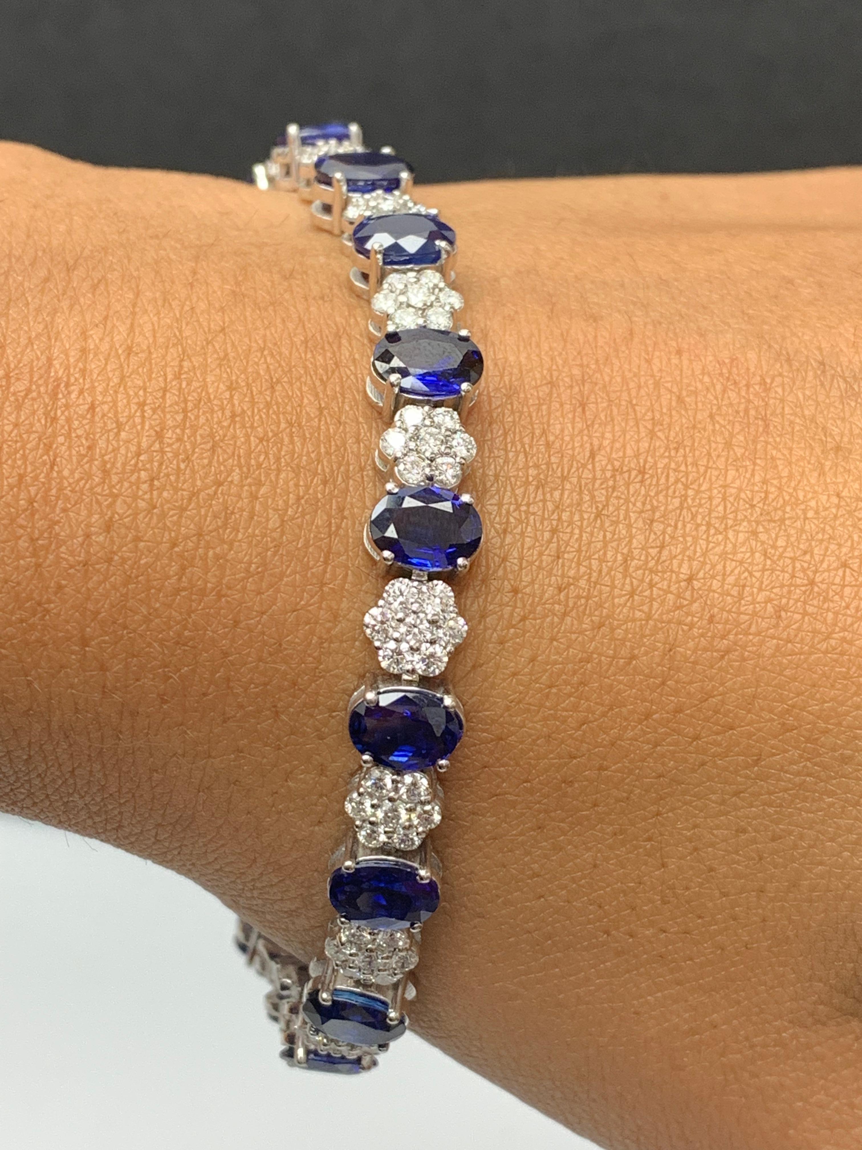 15.26 Carat Oval Cut Blue Sapphire and Diamond Tennis Bracelet in 14K White Gold For Sale 2