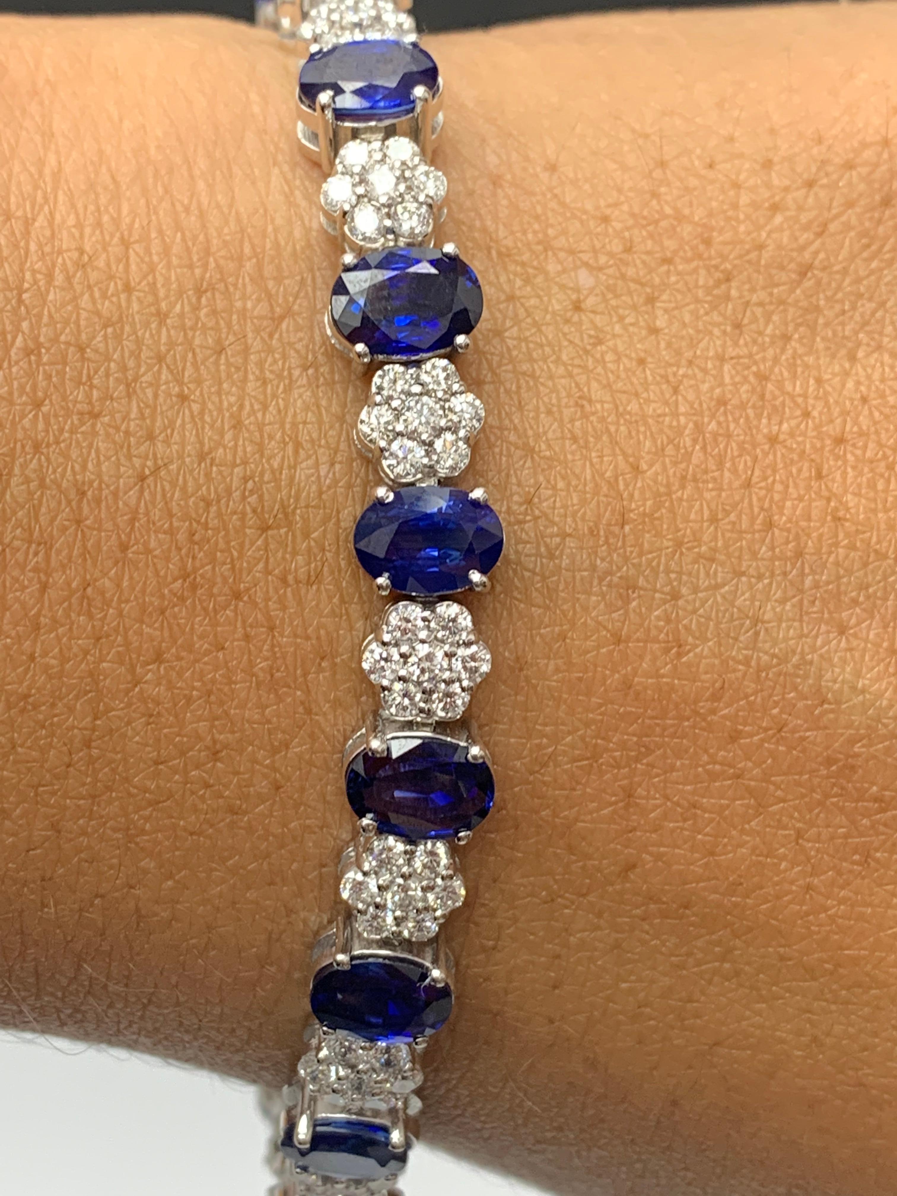 15.26 Carat Oval Cut Blue Sapphire and Diamond Tennis Bracelet in 14K White Gold For Sale 3