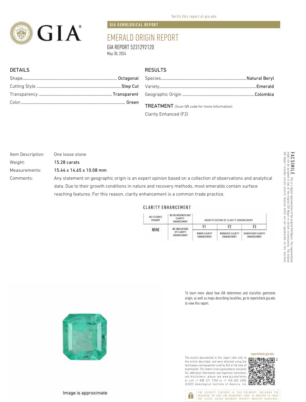 A. Stone: Smeraldo
Peso: 15,28 carati
Forma: Taglio Asscher
Chiarezza: Trasparente
Lucentezza: Eccellente
Colore: Greene & Greene medio
Misure: 15,44 mm x 14,65 mm x 10,08 mm
Origine geografica: Colombia
Trattamento: Naturale, oliatura

Commenti: A