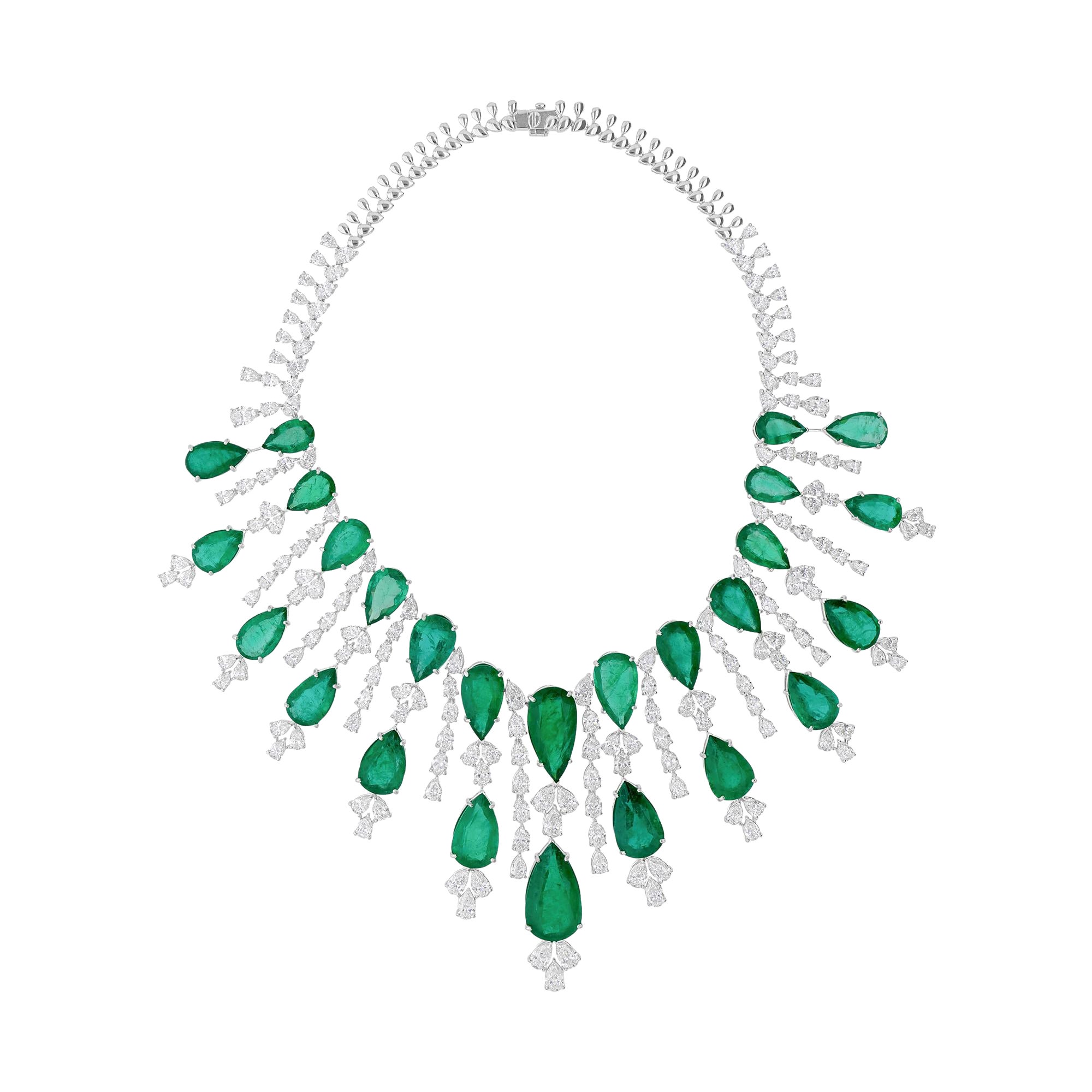 152.93ct Zambian Emerald 53.78ct Diamond Choker Necklace 14k White Gold