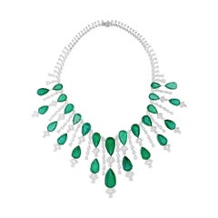 152.93ct Zambian Emerald 53.78ct Diamond Choker Necklace 14k White Gold