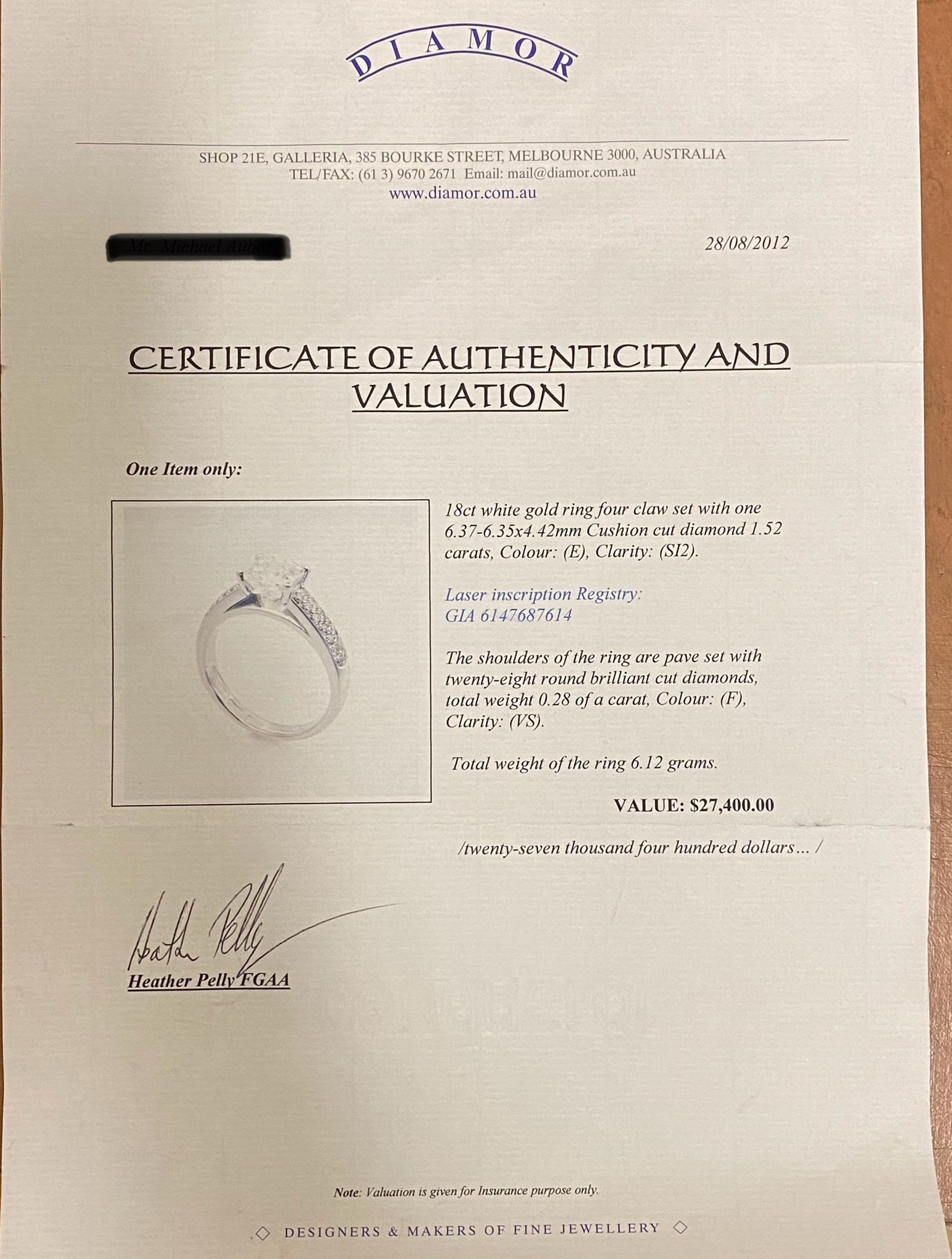 1,52 ct Diamante talla cojín extraído de la tierra GIA (E/SI) Anillo de oro blanco de 18 quilates de Diamor. en venta 5