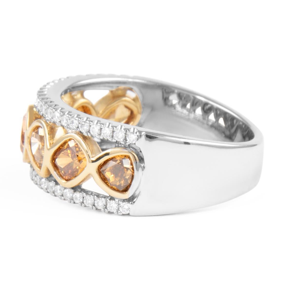 Round Cut 1.52ct Fancy Orange Brown Diamond Cocktail Ring 18k Two Tone For Sale