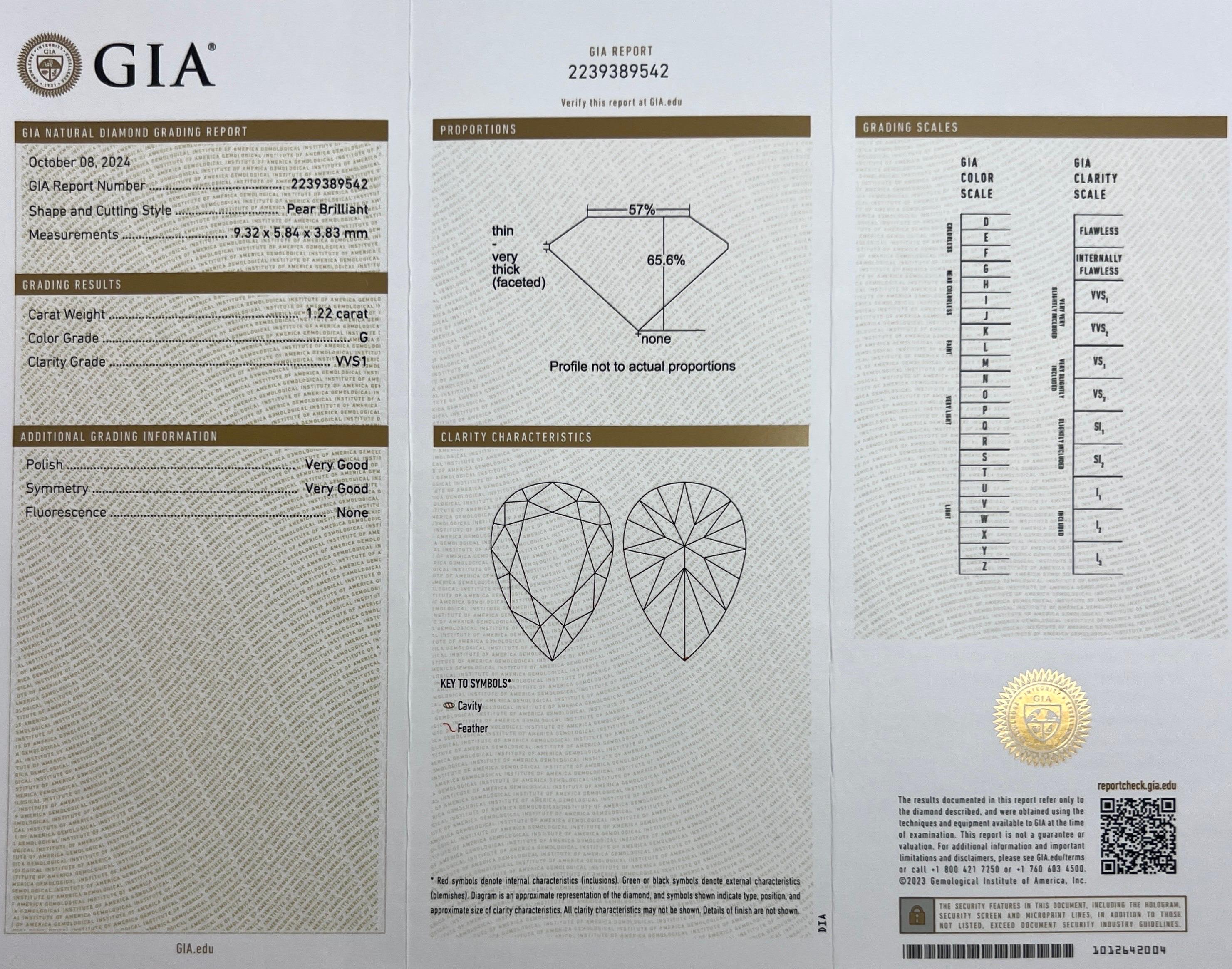 Fine Natural Pear Cut GIA Certified Diamond 950 Platinum Halo Ring. 
1.52 Carat total.

1.22 Carat natural pear cut diamond centre stone. Fully certified by GIA. It has excellent VVS1 clarity and G colour, a very clean and bright white stone.
It
