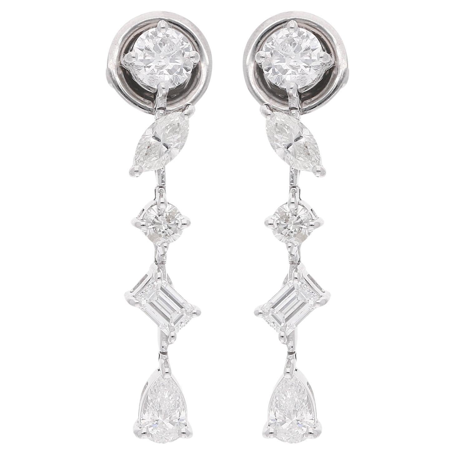 1.52 Carat Multi Shape Diamond Long Drop Earrings 14 Karat White Gold