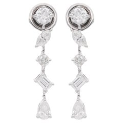 1.52 Carat Multi Shape Diamond Long Drop Earrings 14 Karat White Gold