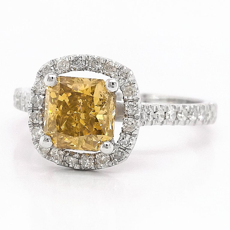 Radiant Cut 1.52ct Natural Fancy Greenish Yellow Diamond Ring 14k White Gold For Sale