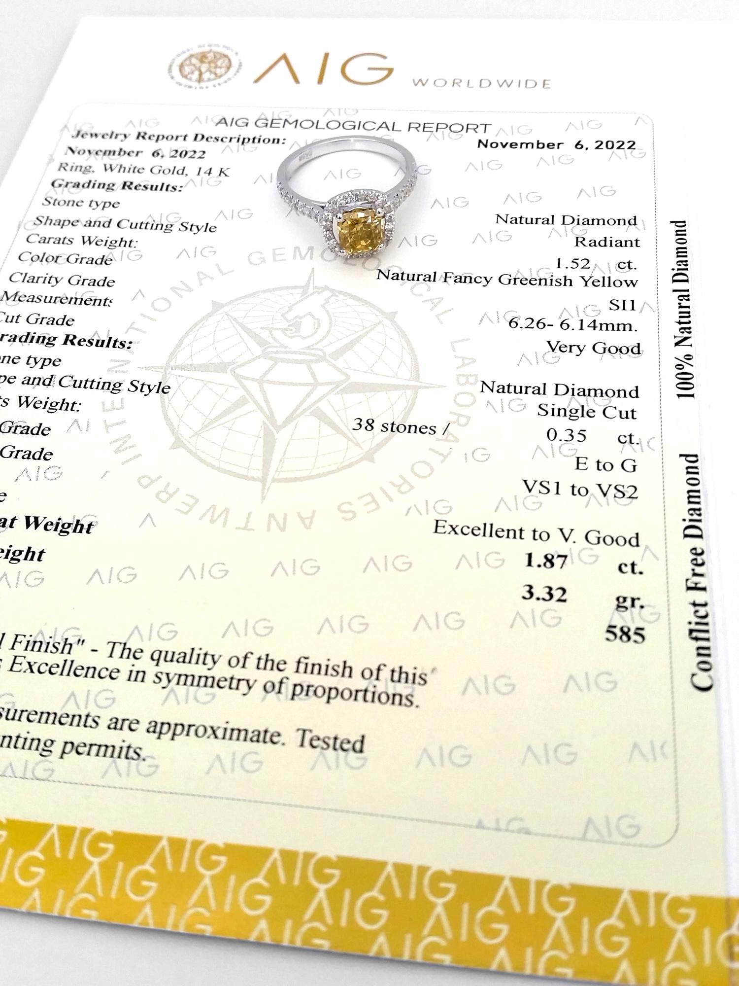 Radiant Cut 1.85Ctw Natural Fancy Greenish Yellow Diamond Ring 14k White Gold