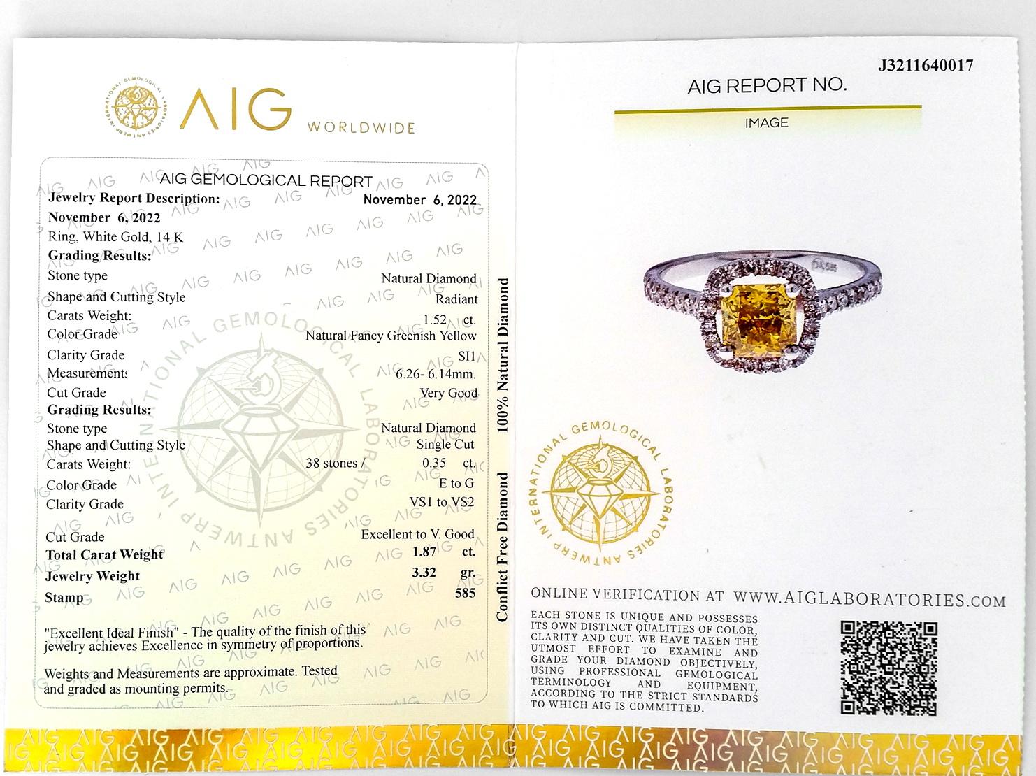 1.85Ctw Natural Fancy Greenish Yellow Diamond Ring 14k White Gold In New Condition In Ramat Gan, IL