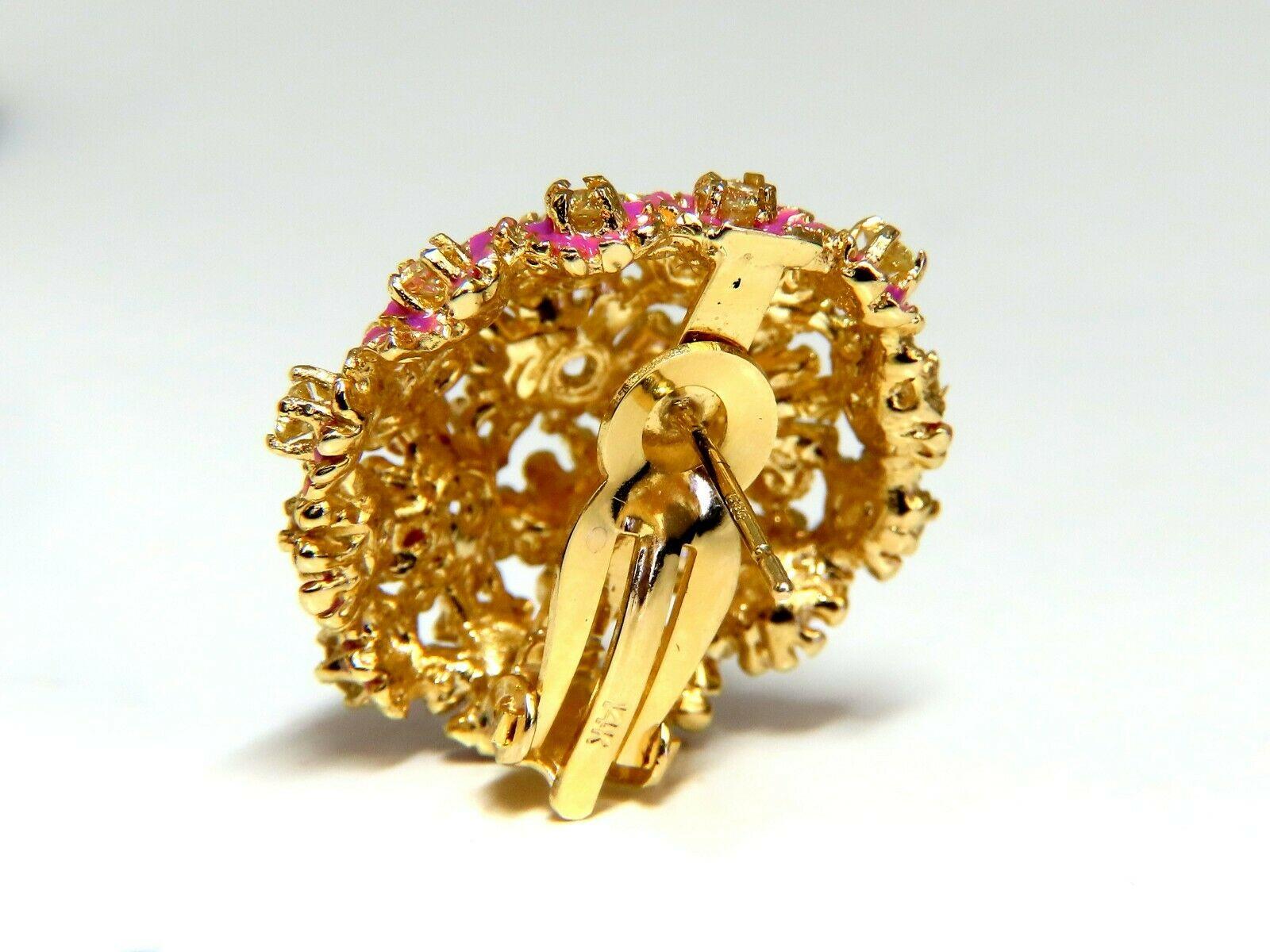 Floral Domed Cluster Clip Earrings.

1.52cts of natural fancy yellow diamonds: 

Rounds, Full Cut Brilliants

 Vs-2  clarity.

14kt. yellow gold

16.3 grams.

Earrings measure: .90 inch Diameter

Pink Enamel within petals

$5,000 Appraisal
