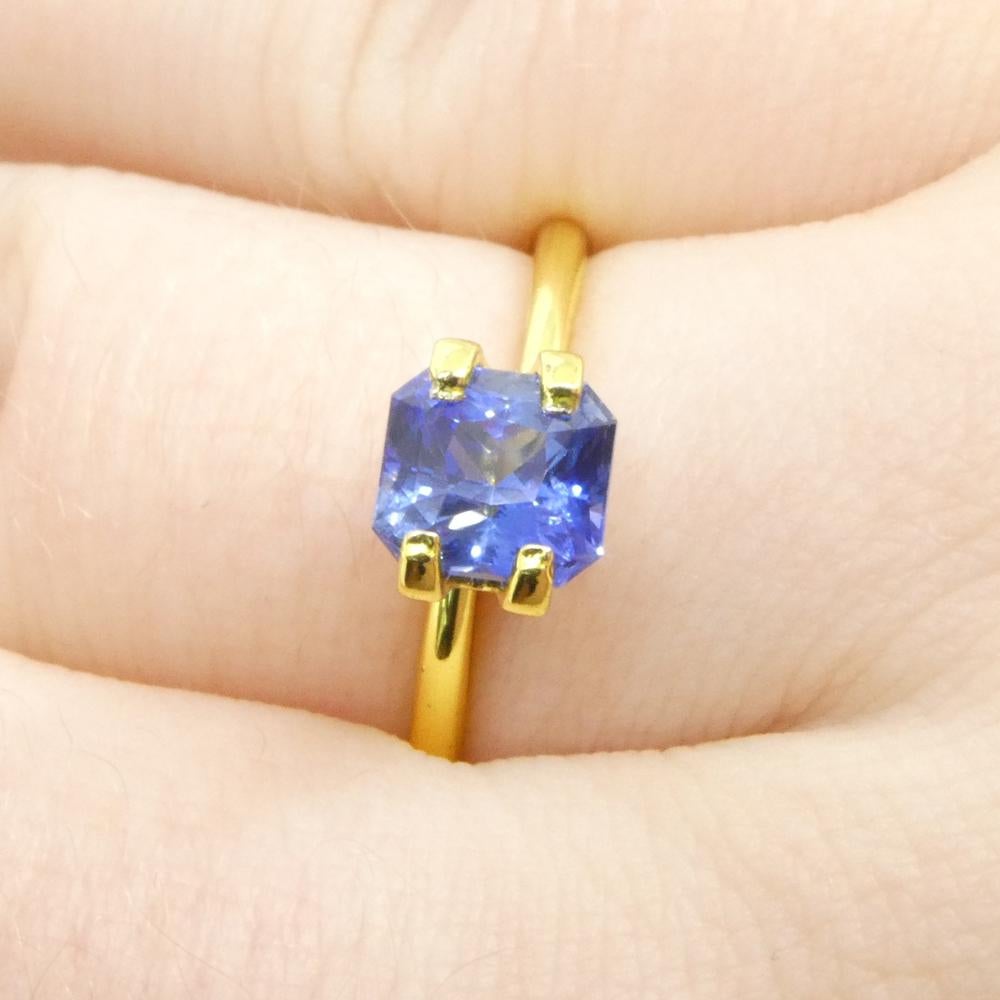 Description:

Gem Type: Sapphire 
Number of Stones: 1
Weight: 1.52 cts
Measurements: 6.20 x 5.82 x 6.62 mm
Shape: Octagonal/Emerald Cut
Cutting Style Crown: Modified Brilliant Cut
Cutting Style Pavilion:  
Transparency: Transparent
Clarity: Very