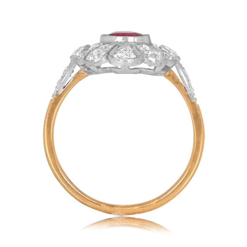 Art Deco 1.52ct Oval Cut Ruby Cocktail Ring, Diamond Halo, Platinum & 18k Yellow Gold For Sale