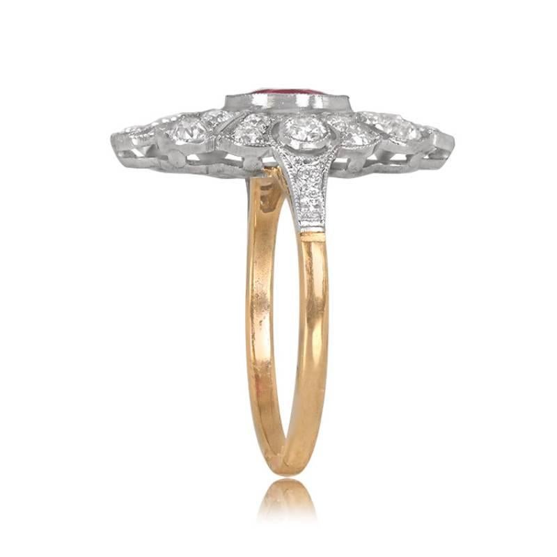 1.52ct Oval Cut Ruby Cocktail Ring, Diamond Halo, Platinum & 18k Yellow Gold In Excellent Condition For Sale In New York, NY