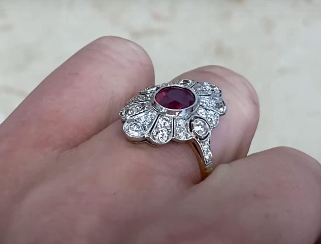 1.52ct Oval Cut Ruby Cocktail Ring, Diamond Halo, Platinum & 18k Yellow Gold For Sale 1