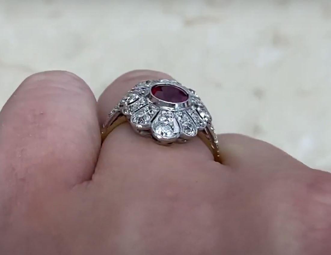 1.52ct Oval Cut Ruby Cocktail Ring, Diamond Halo, Platinum & 18k Yellow Gold For Sale 2