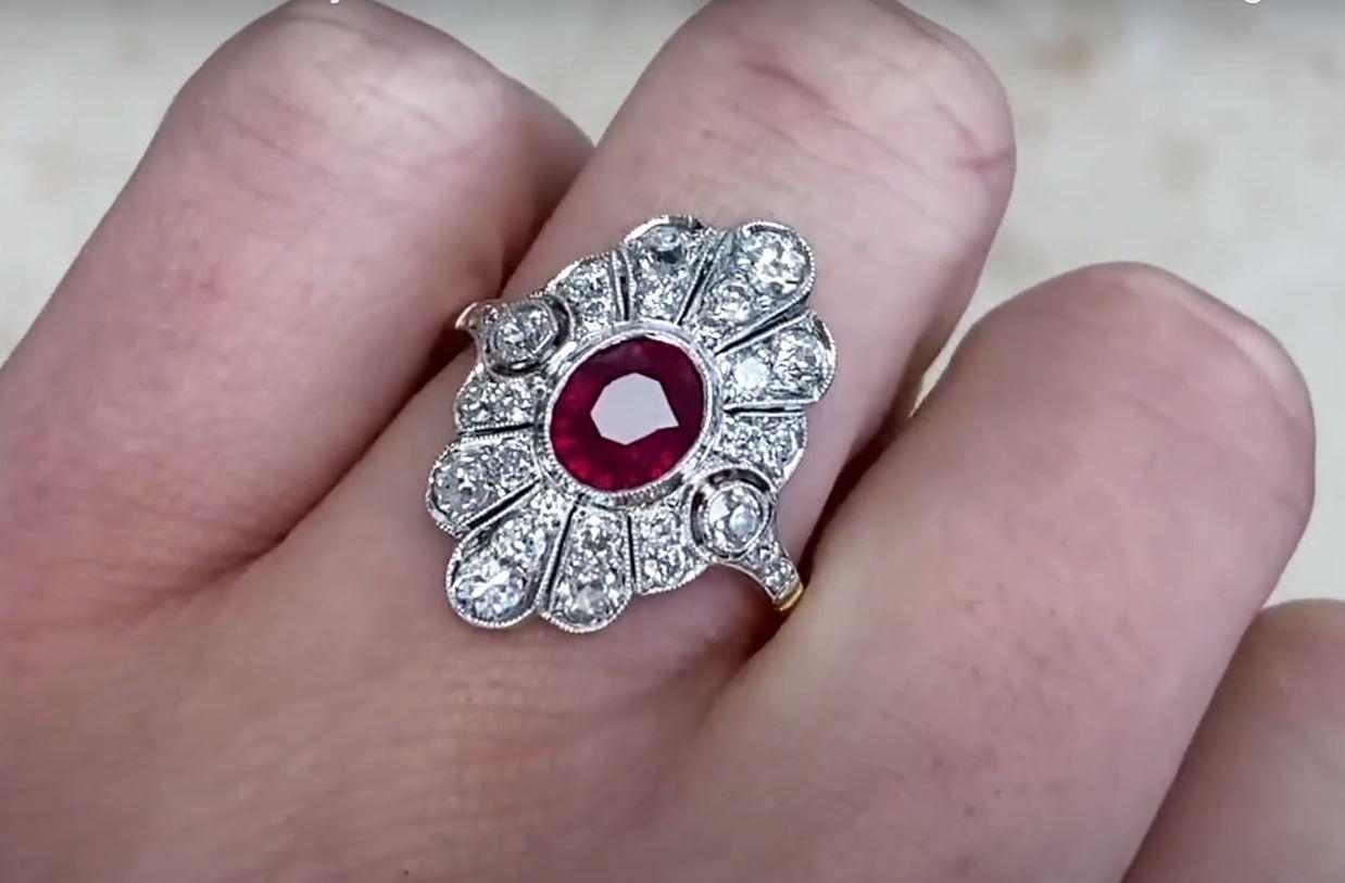 1.52ct Oval Cut Ruby Cocktail Ring, Diamond Halo, Platinum & 18k Yellow Gold For Sale 3