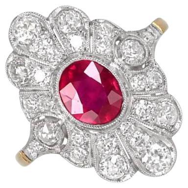 1.52ct Oval Cut Ruby Cocktail Ring, Diamond Halo, Platinum & 18k Yellow Gold For Sale