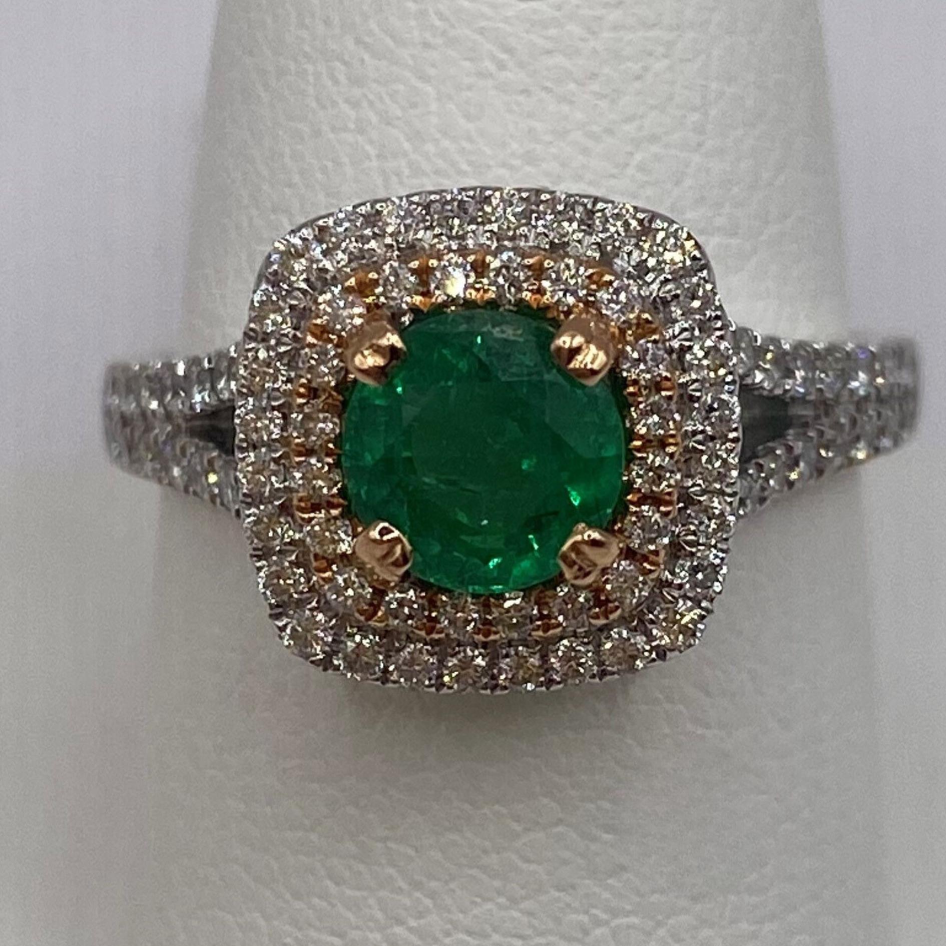 Round Cut 1.52ct Round Emerald & Diamond Double Halo Ring in 18KT Rose & White Gold For Sale