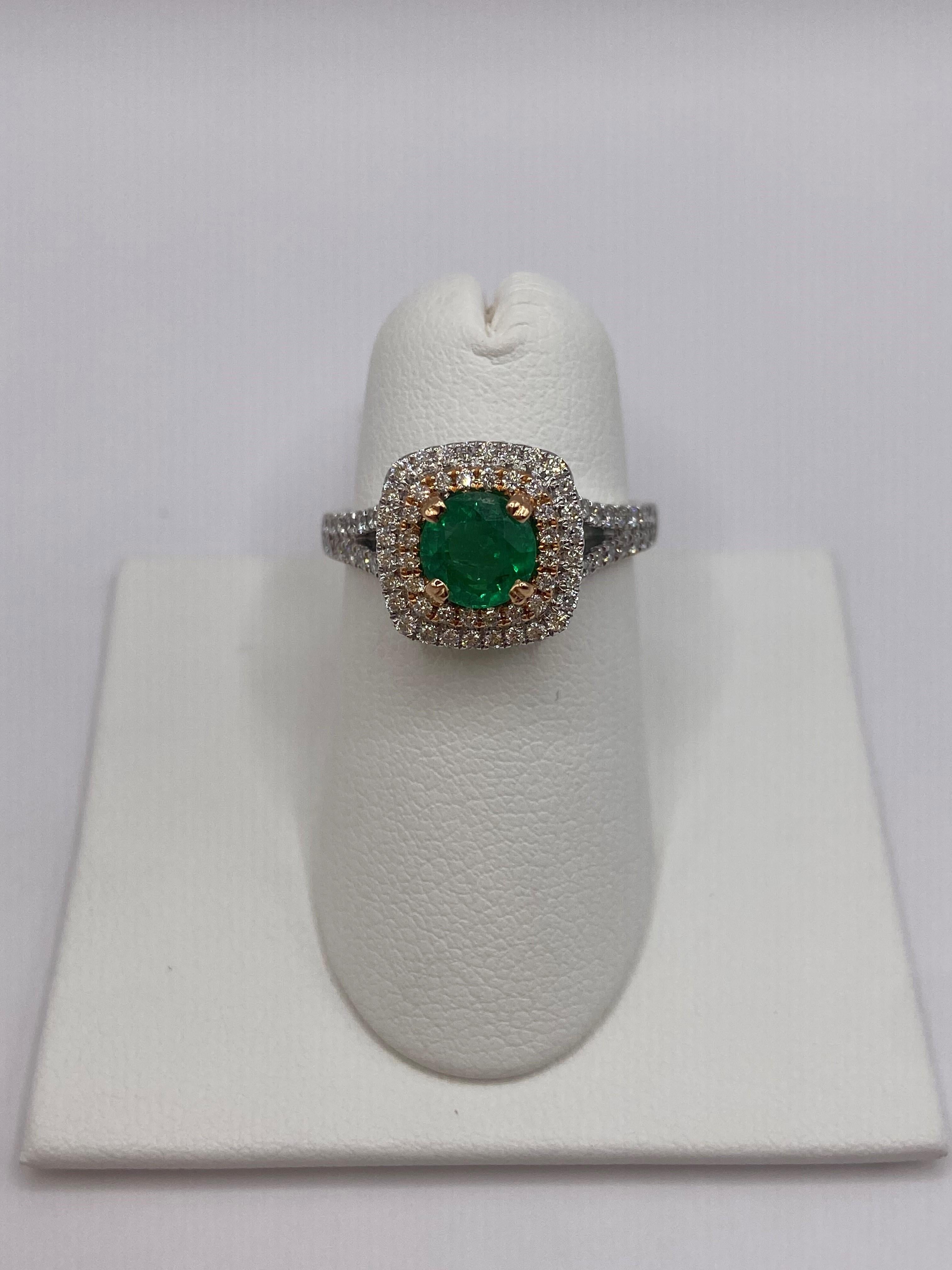 1.52ct Round Emerald & Diamond Double Halo Ring in 18KT Rose & White Gold In New Condition For Sale In New York, NY