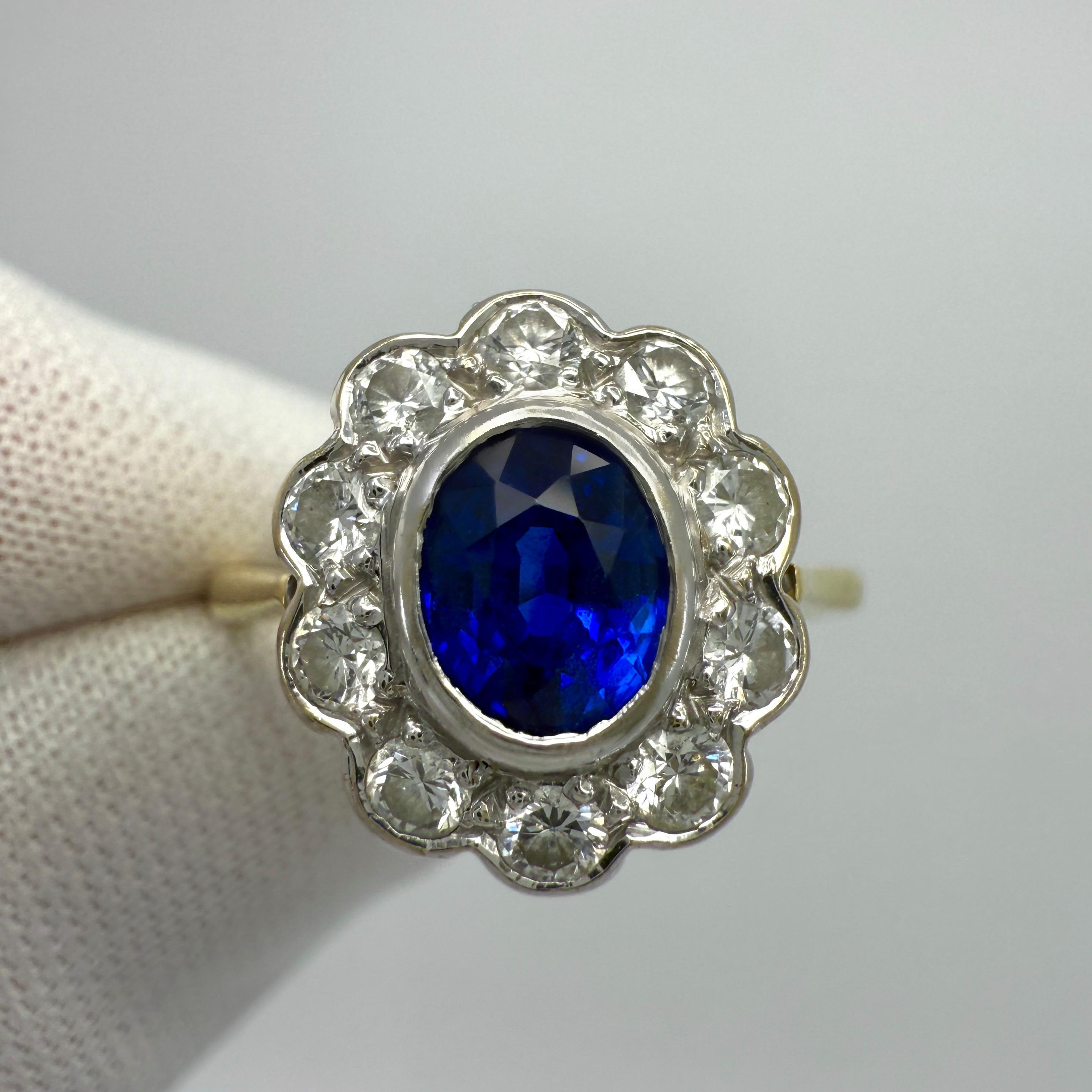Oval Cut 1.52ct Vivid Cornflower Blue Ceylon Sapphire And Diamond 18k Gold Cluster Ring For Sale