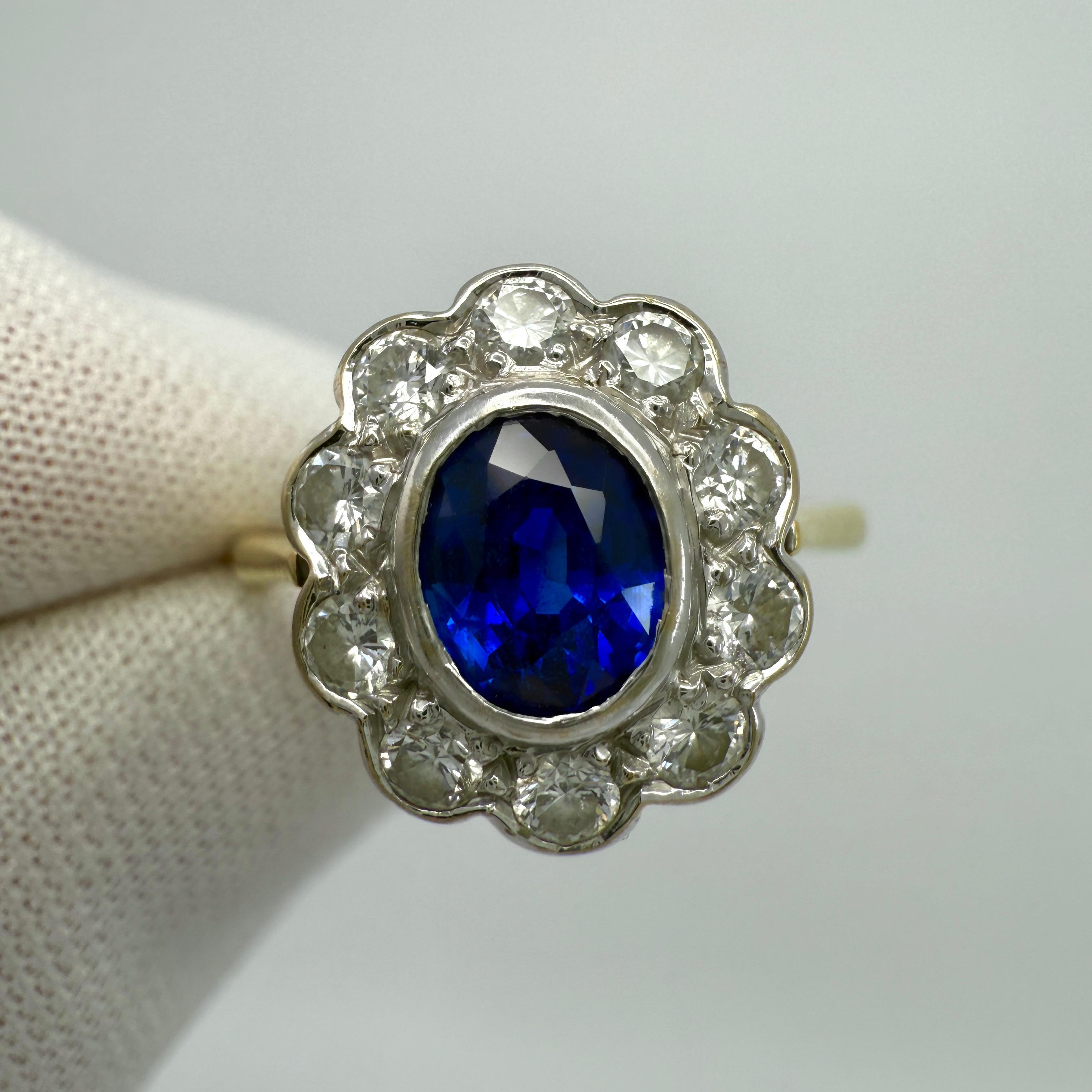 1.52ct Vivid Cornflower Blue Ceylon Sapphire And Diamond 18k Gold Cluster Ring For Sale 2