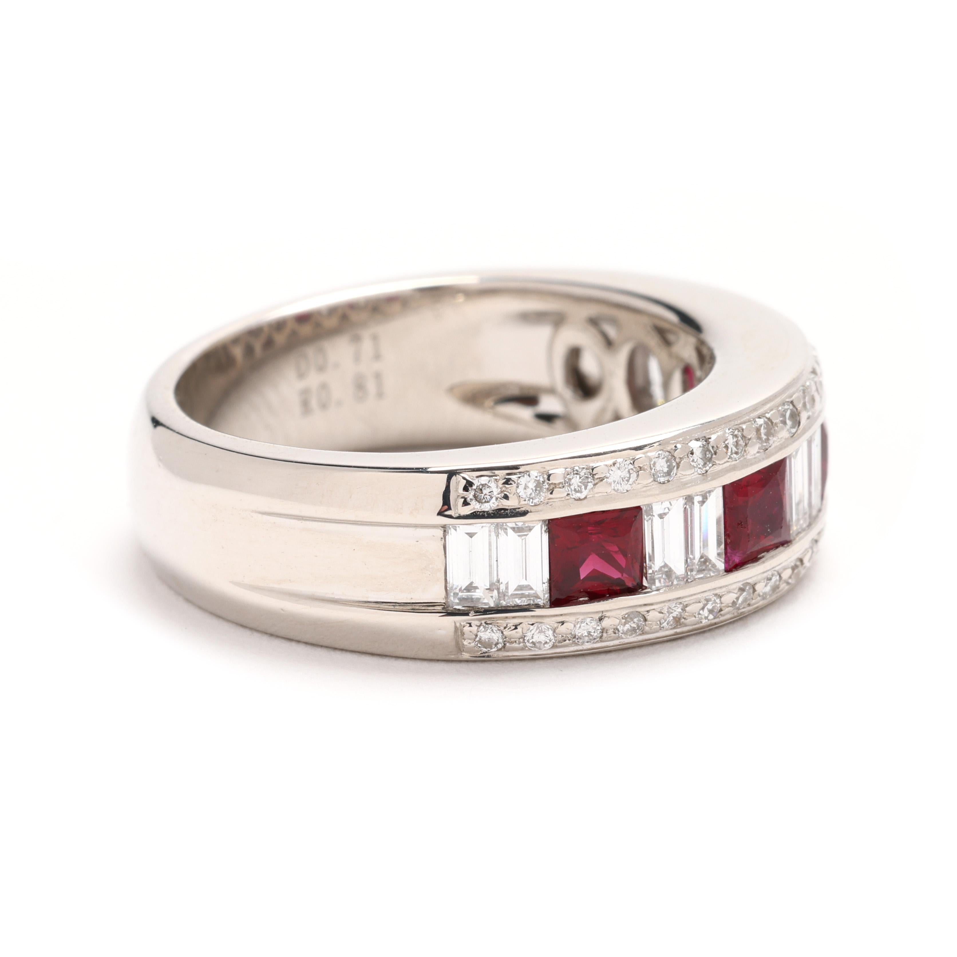 Faites-vous remarquer avec cette luxueuse bague à anneau épais en rubis et diamants de 1,52ctw, réalisée en or blanc 18k étincelant. Avec ses rubis éclatants complétés par des diamants étincelants, cette bague de taille 6,25 offre une élégance