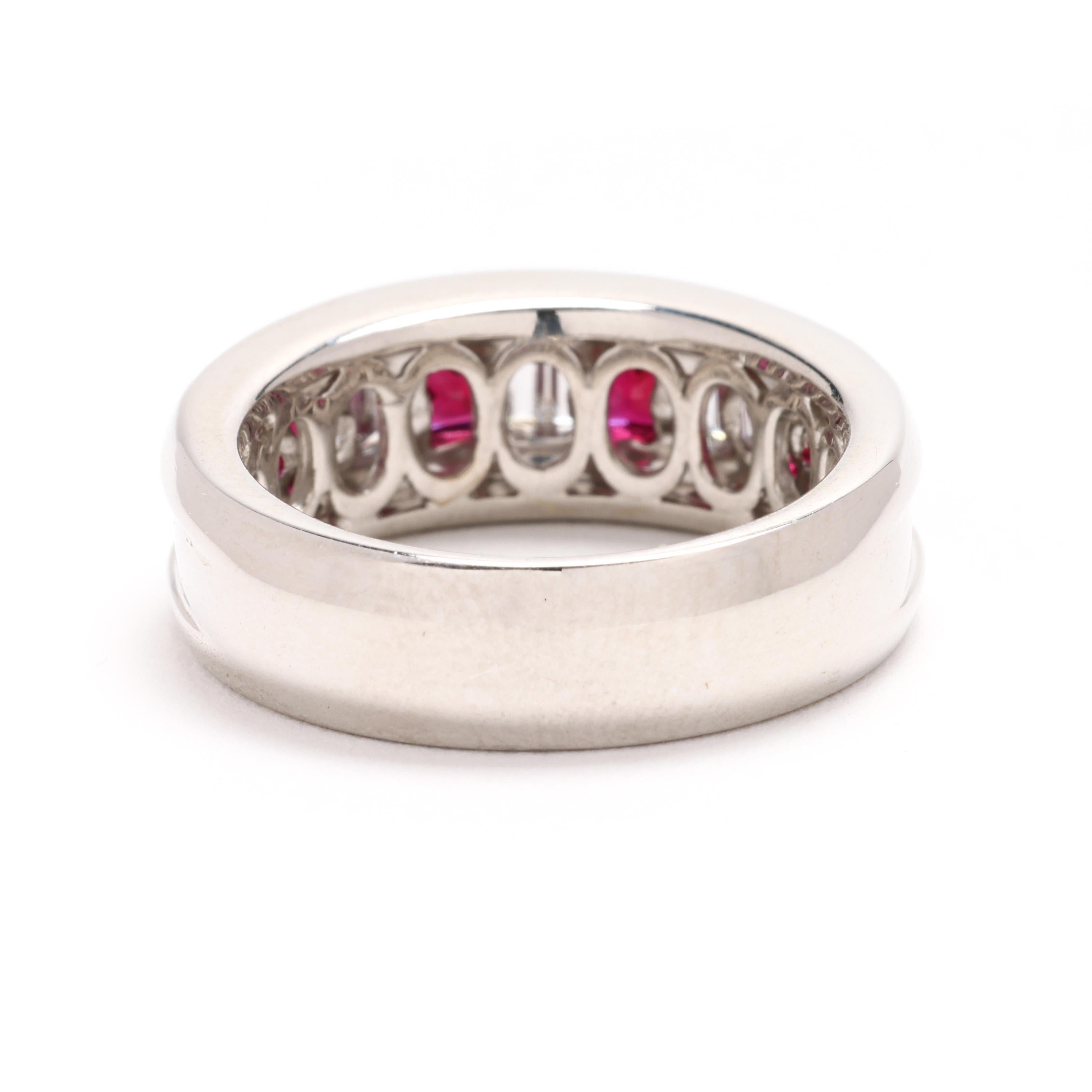 Baguette Cut 1.52ctw Ruby and Diamond Thick Band Ring, 18k White Gold, Ring Size 6.25 For Sale