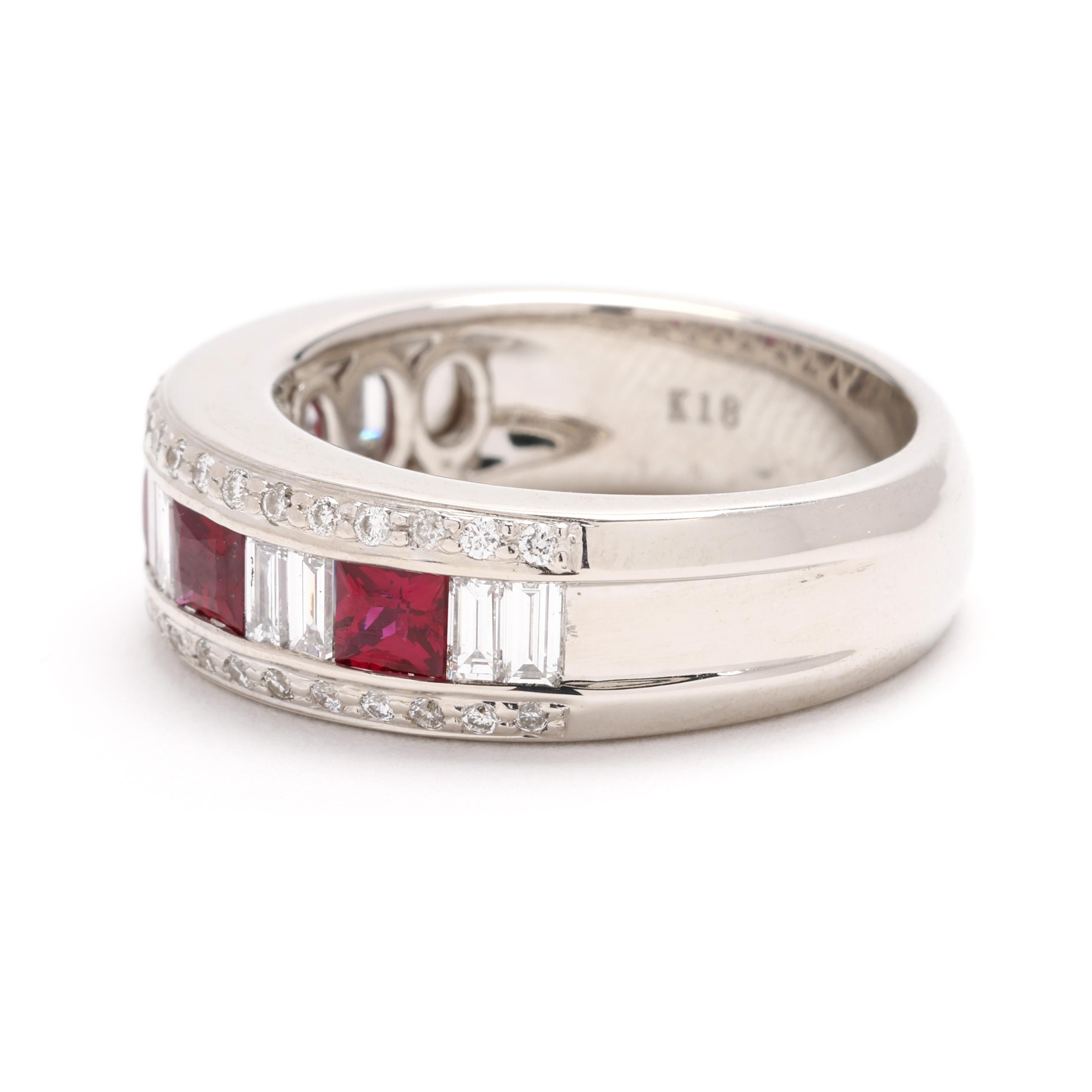 Bague à anneau épais en or blanc 18 carats avec rubis et diamants 1,52 ctw, taille de bague 6,25 Bon état - En vente à McLeansville, NC