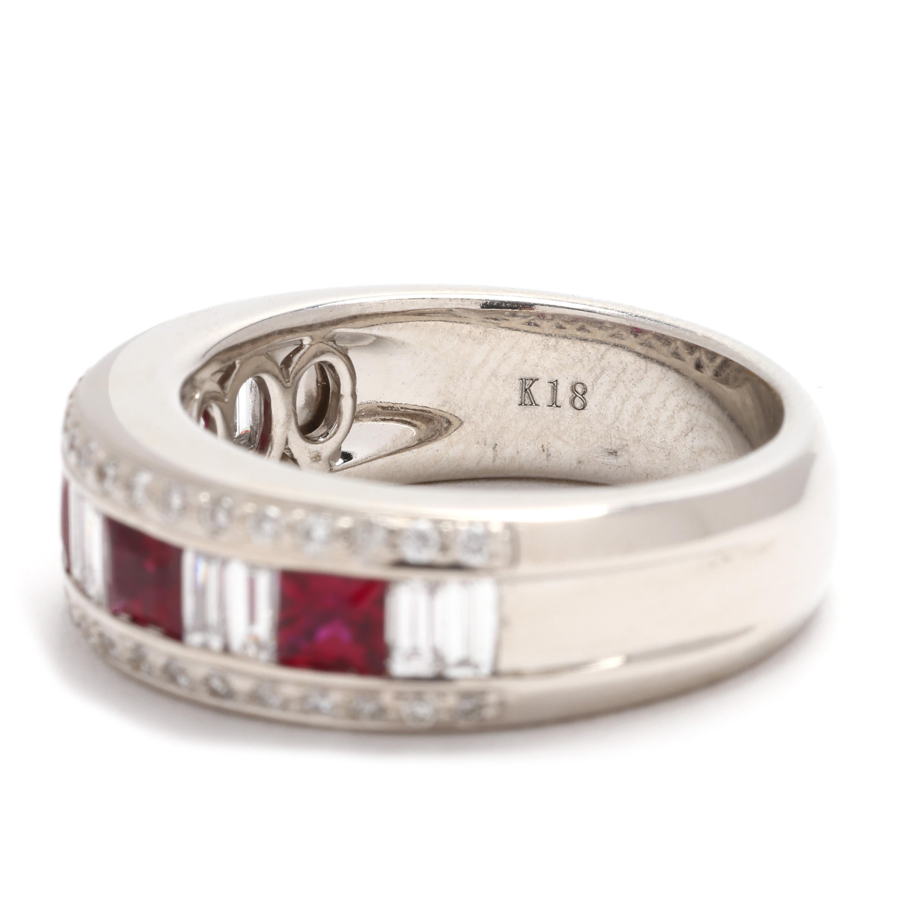 Bague à anneau épais en or blanc 18 carats avec rubis et diamants 1,52 ctw, taille de bague 6,25 Pour femmes en vente