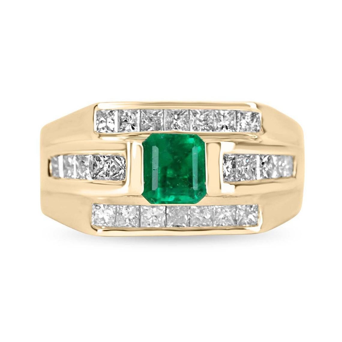 1.52tcw 14K Colombian Emerald-Emerald Cut & Princess Cut Diamond Statement Ring In New Condition In Jupiter, FL