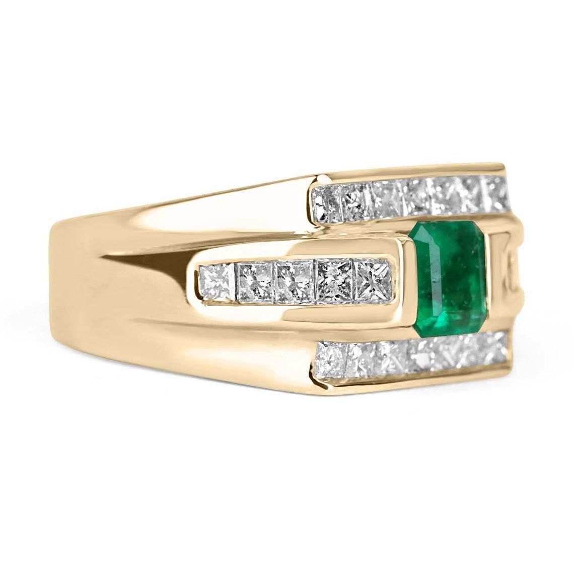 Women's or Men's 1.52tcw 14K Colombian Emerald-Emerald Cut & Princess Cut Diamond Statement Ring