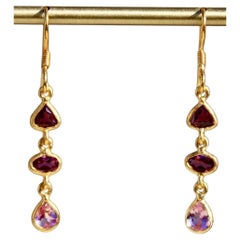 Retro 1.53 Carat 14K Tourmaline & Rhodolite Dangle 3 Stone Dangle Earrings