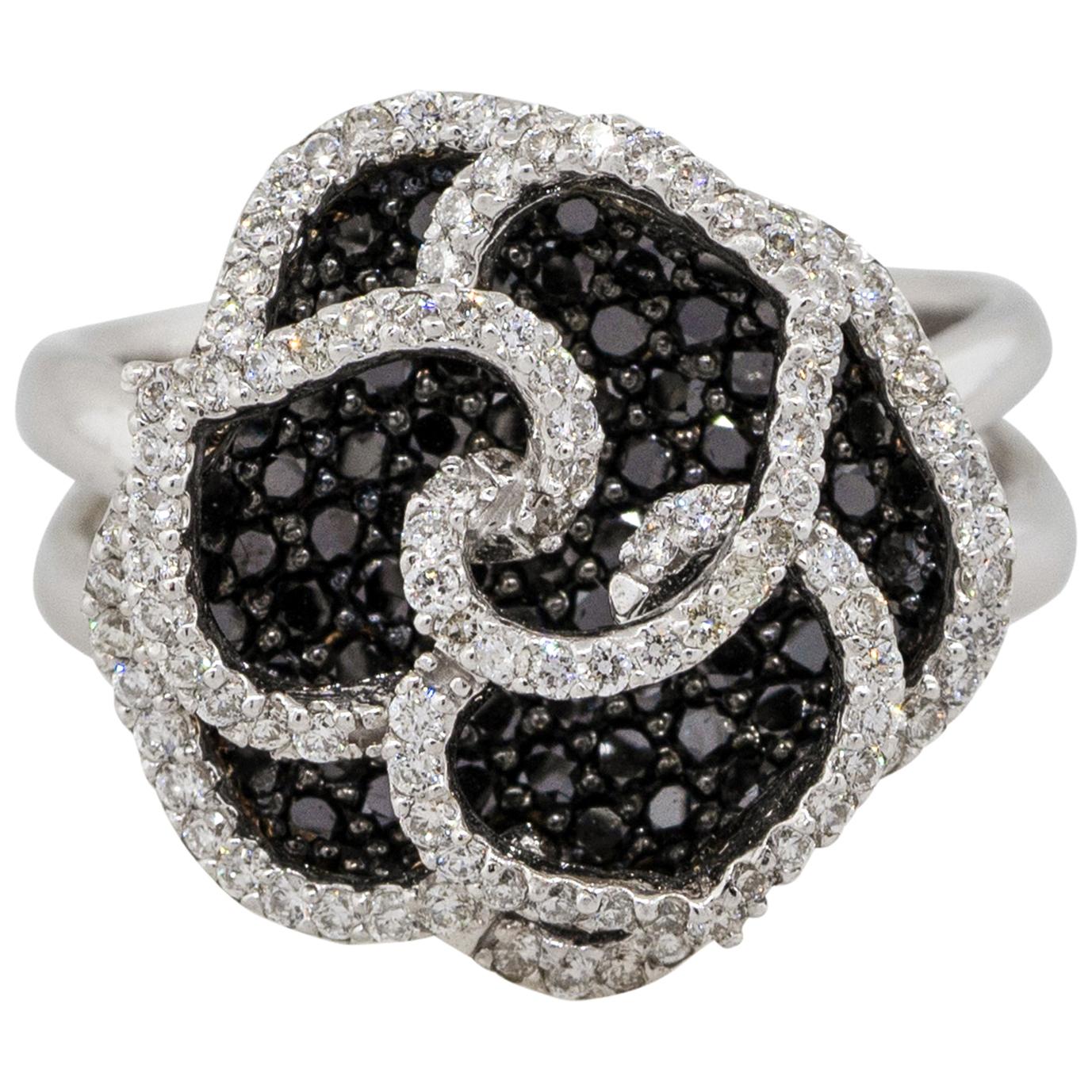 1.53 Carat Black and White Diamond Rose Ring 14 Karat in Stock