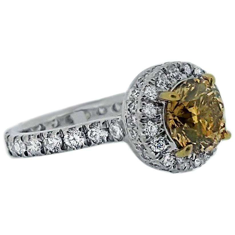 1.53 Carat Brown Diamond Platinum Halo Ring