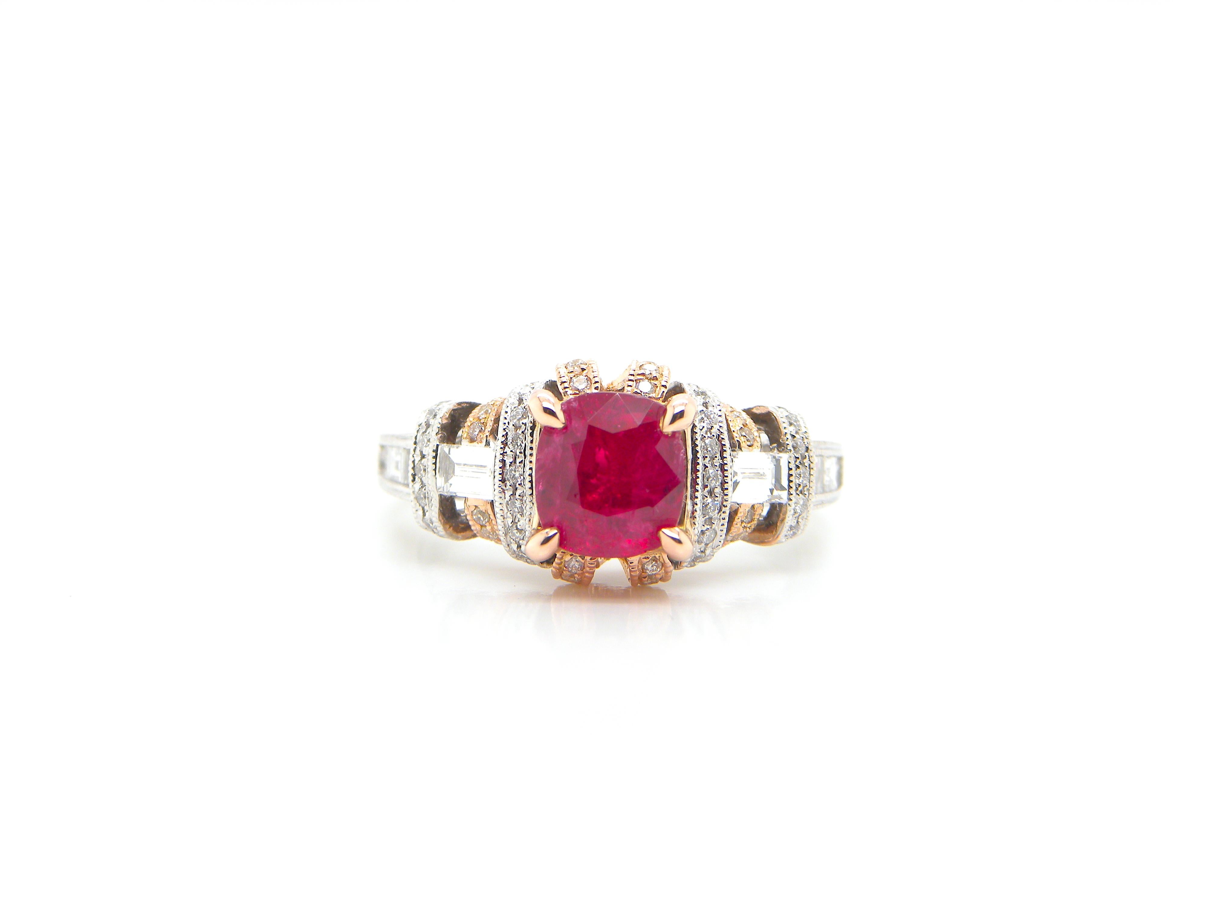1.53 Carat GIA Certified Burma No Heat Ruby and White Diamond Two-Tone Gold Ring:

A rare jewel, it features a beautiful GIA certified Burmese unheated ruby weighing 1.53 carat surrounded by numerous white round-brilliant cut as well as baguette-cut
