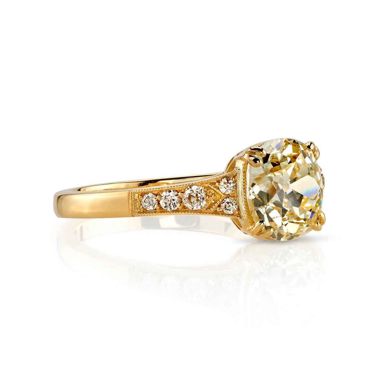 1.53ct OP/SI2 GIA certified vintage Cushion cut diamond set in a handcrafted 18k yellow gold mounting. Ring is currently a size 6 and can be sized to fit. 