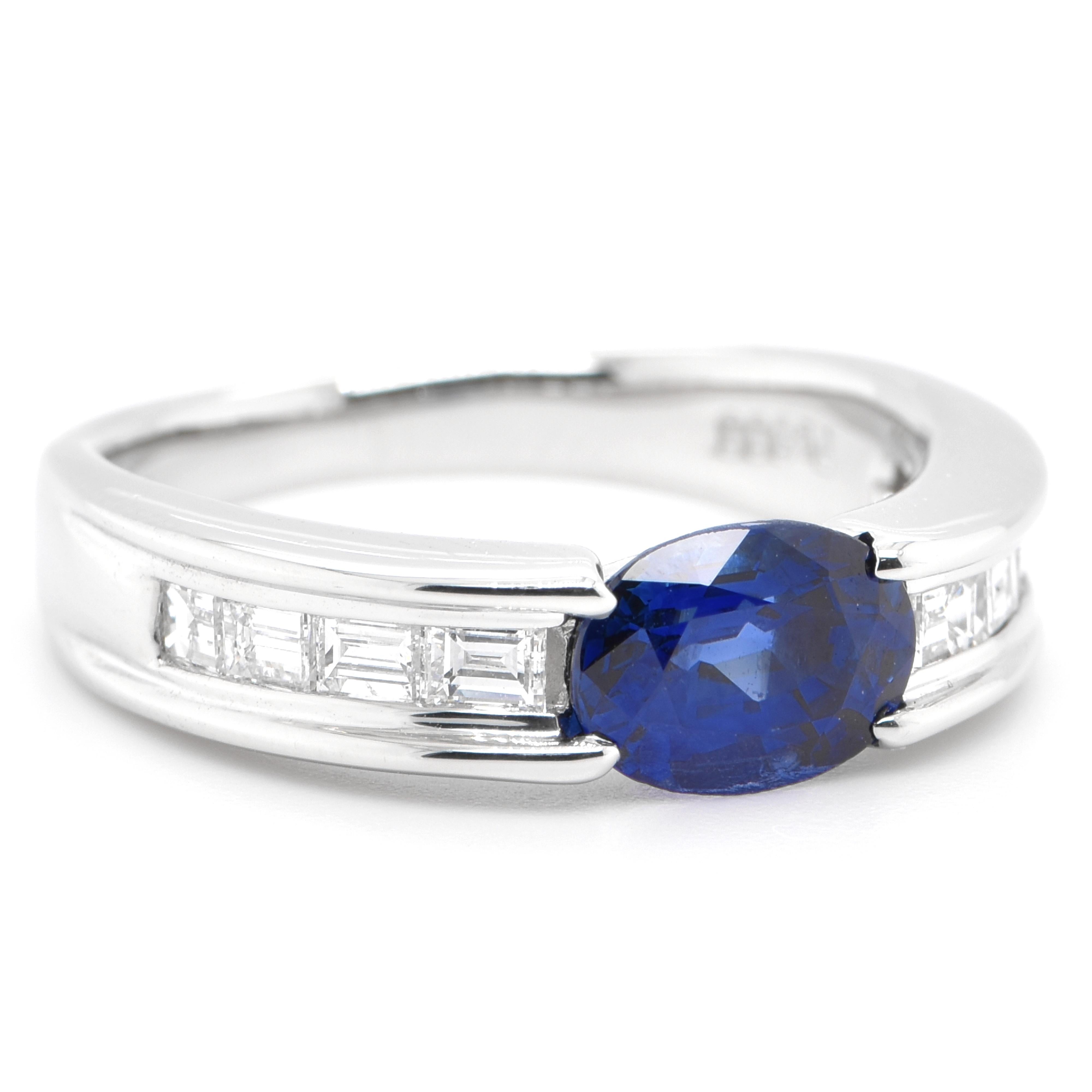 Modern 1.53 Carat Natural Blue Sapphire and Diamond Band Ring Set in Platinum