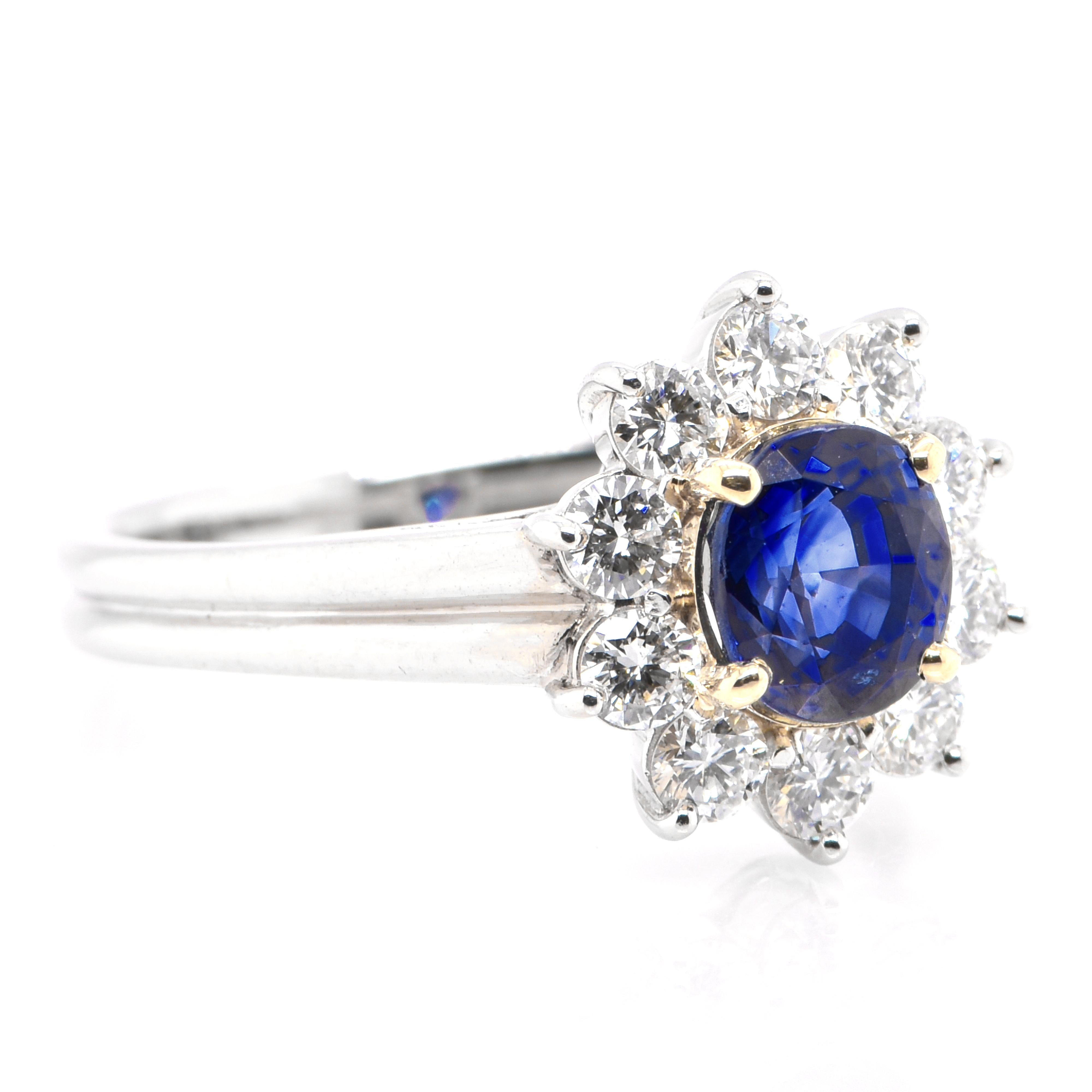 Modern 1.53 Carat Natural Blue Sapphire & Diamond Ring Set in Platinum and 18K Gold