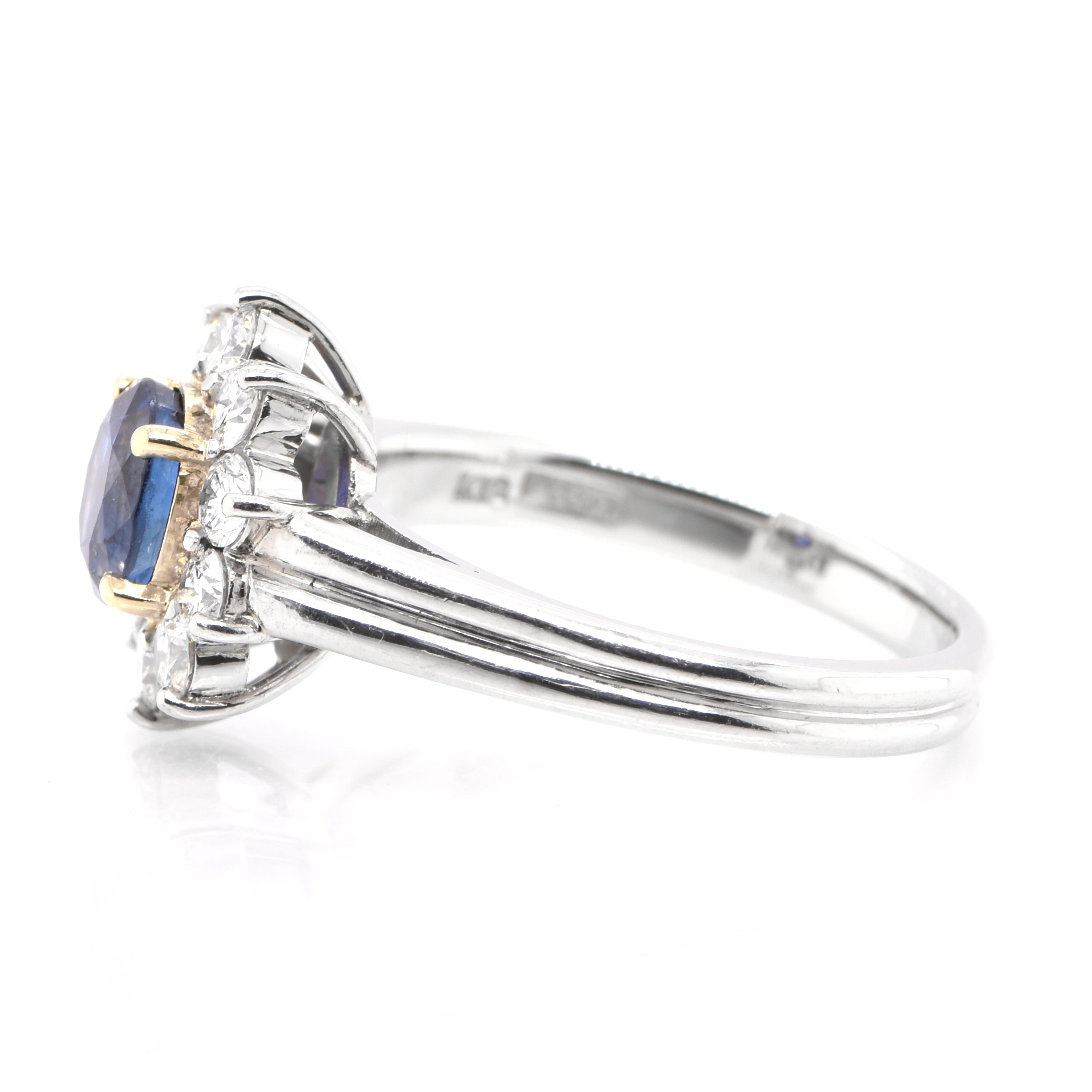 Oval Cut 1.53 Carat Natural Blue Sapphire & Diamond Ring Set in Platinum and 18K Gold