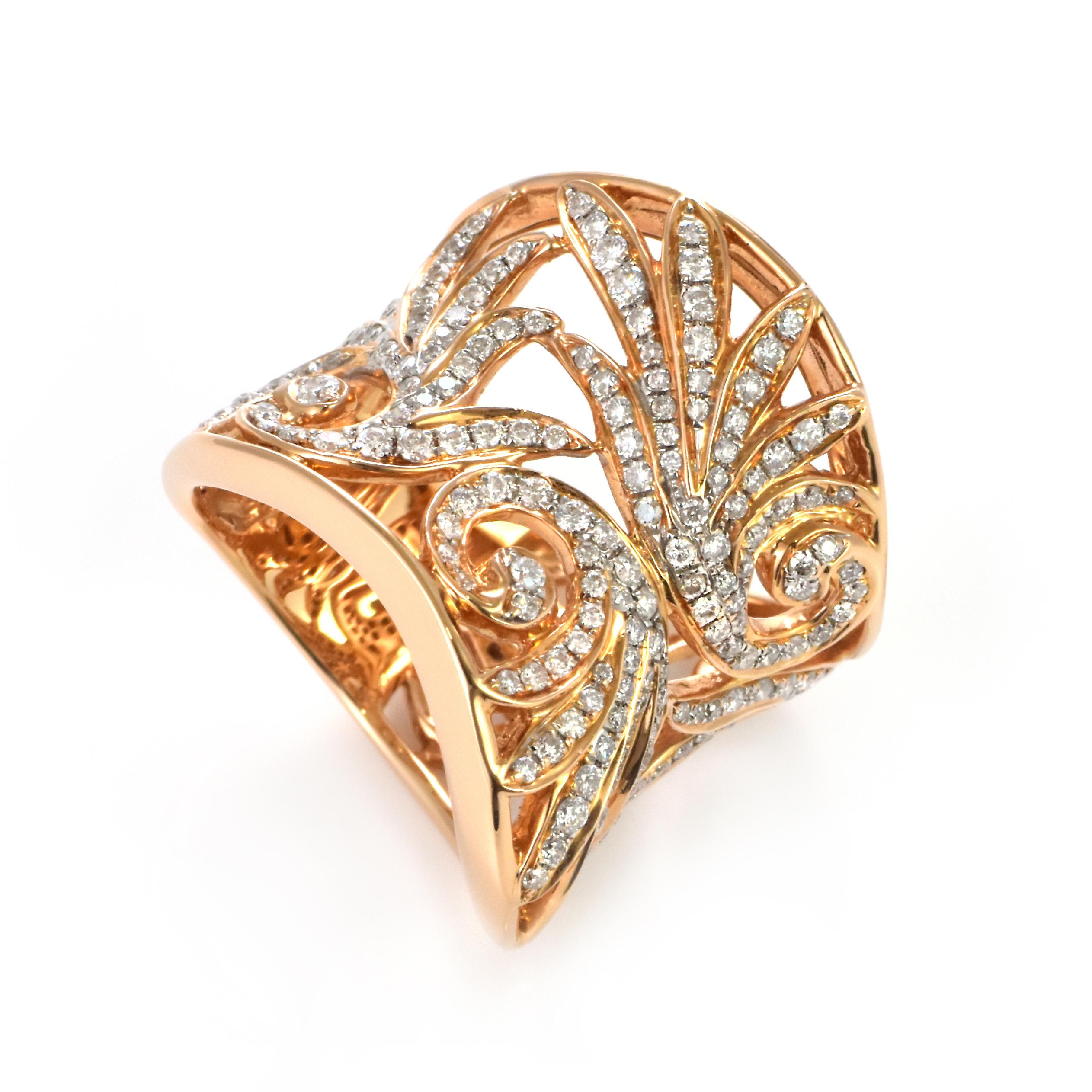 A beautiful ring featuring 1.53 Carats of Natural Diamonds made in 18 Karat Pink Gold. Diamonds have been adorned and cherished throughout human history and date back to thousands of years. They are rated as 10 on the Mohs Hardness Scale hence are